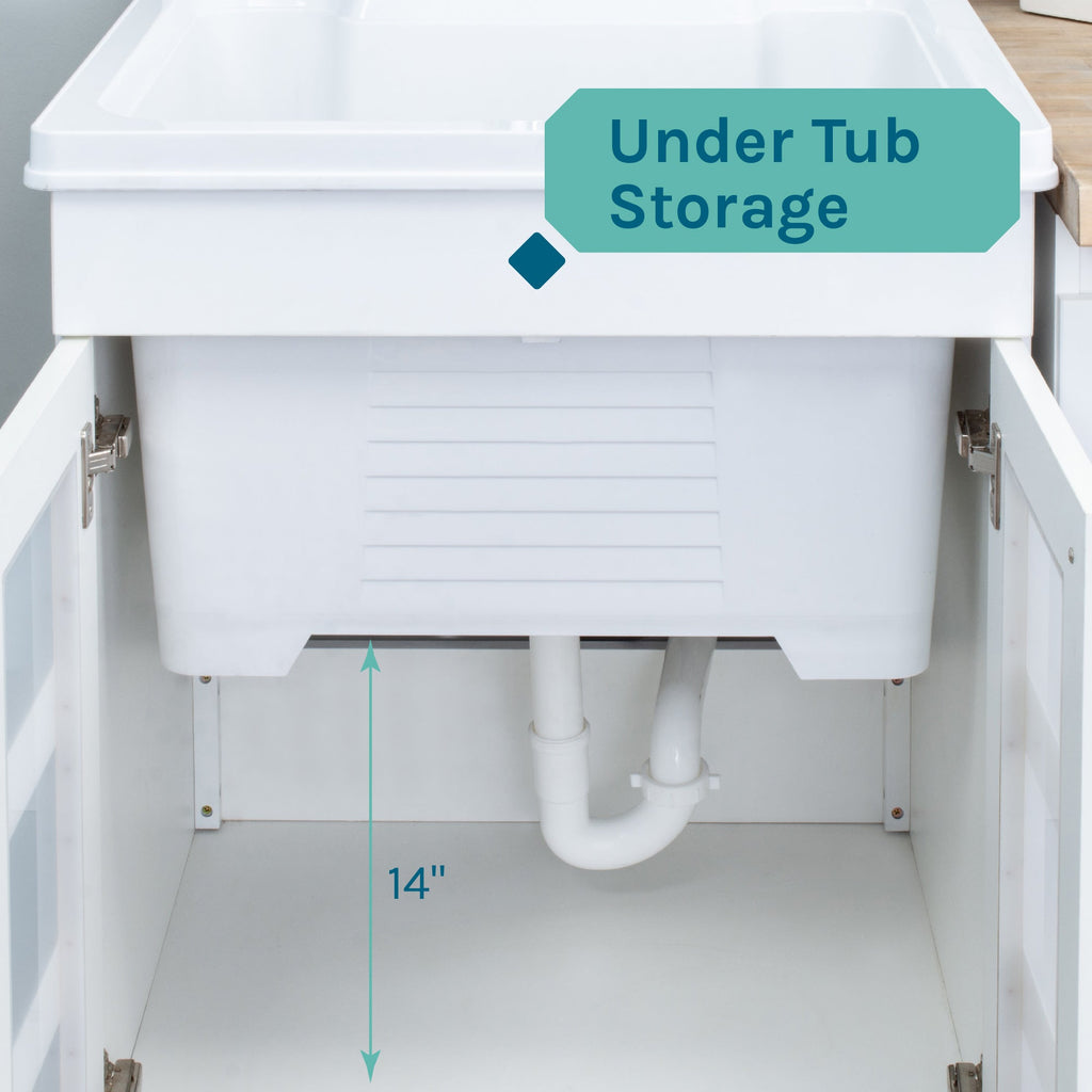 Tehila White Vanity Cabinet and White Utility Sink with Stainless Steel Finish Low-Profile Pull-Down Faucet