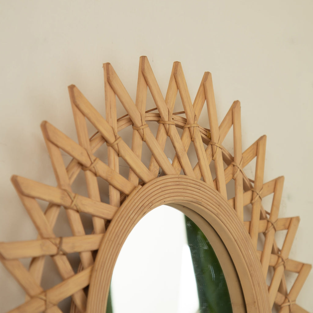 Wall Mirror Round Bamboo Hemp Rope Diamond Pattern Natural Boho 23.6 In