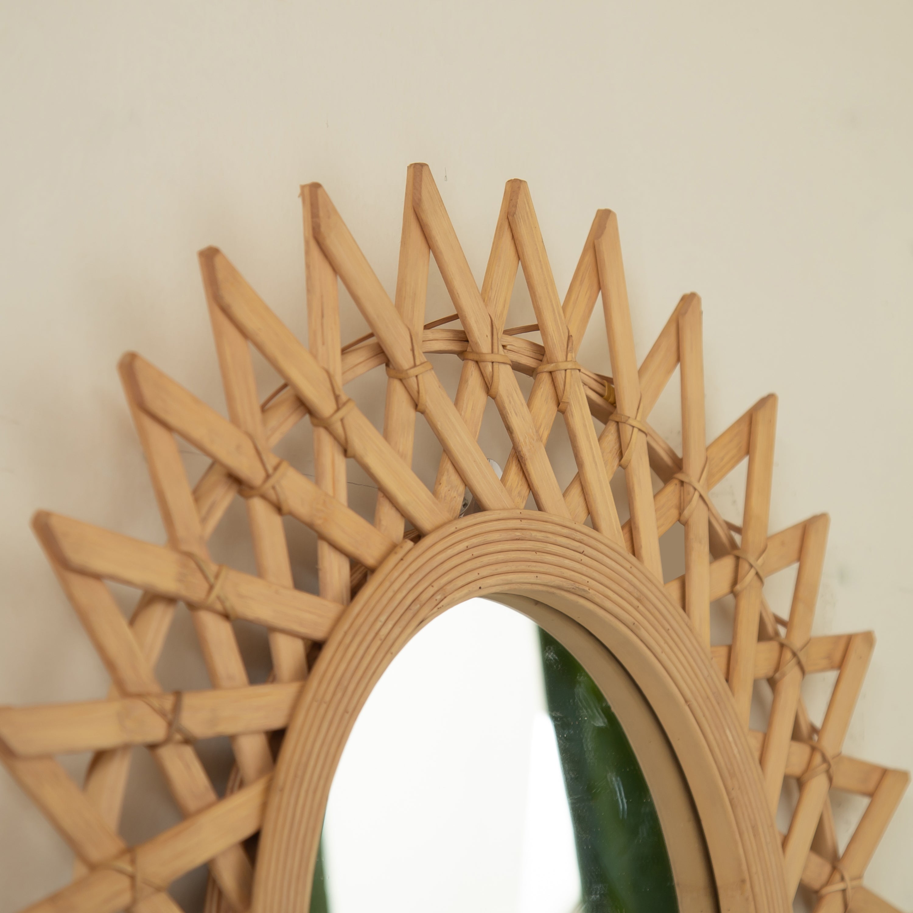 Wall Mirror Round Bamboo Hemp Rope Diamond Pattern Natural Boho 23.6 In