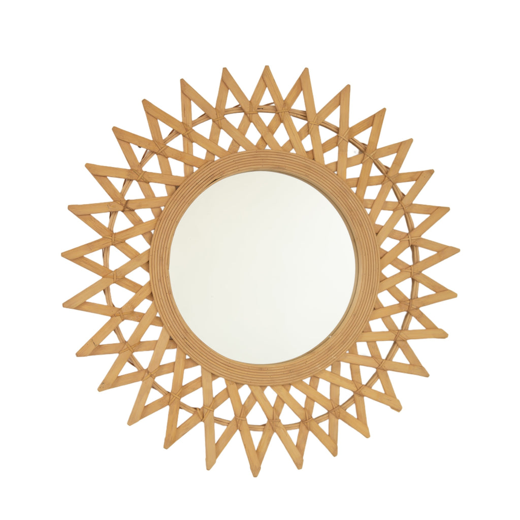 Wall Mirror Round Bamboo Hemp Rope Diamond Pattern Natural Boho 23.6 In
