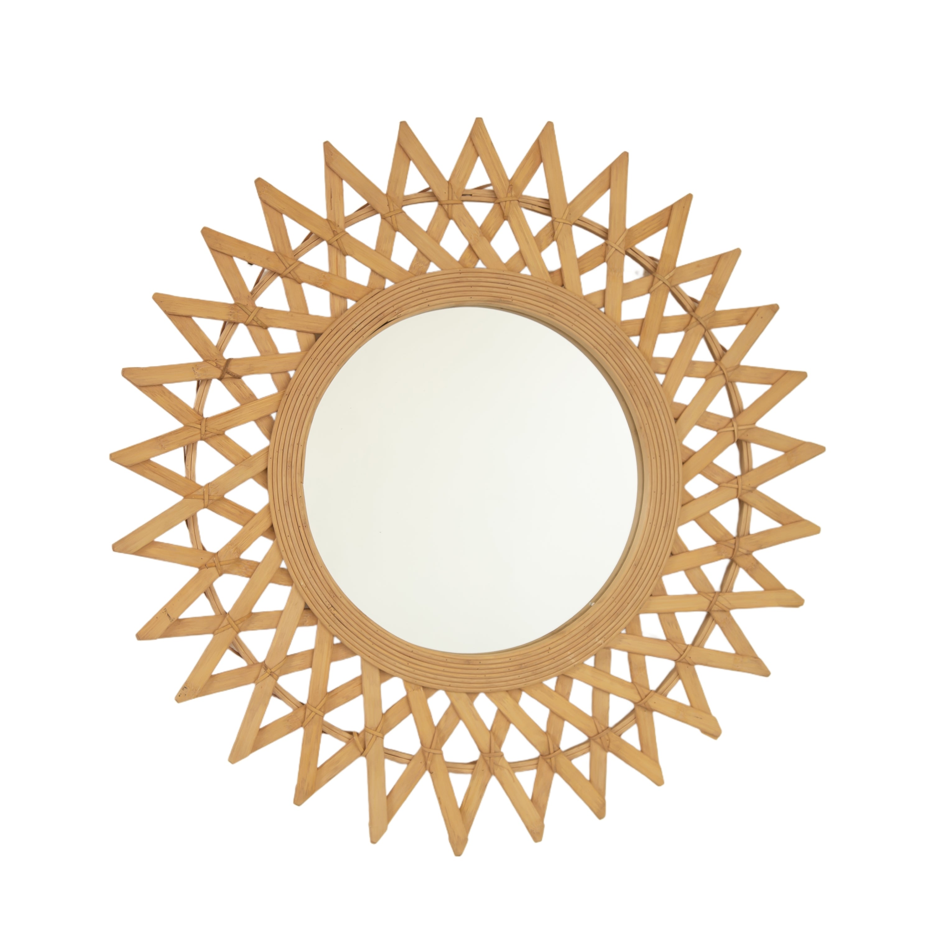 Wall Mirror Round Bamboo Hemp Rope Diamond Pattern Natural Boho 23.6 In