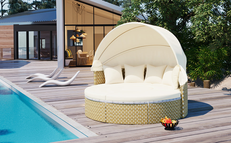 Outdoor Patio Round Rattan Daybed Sectional Beige Retractable Canopy