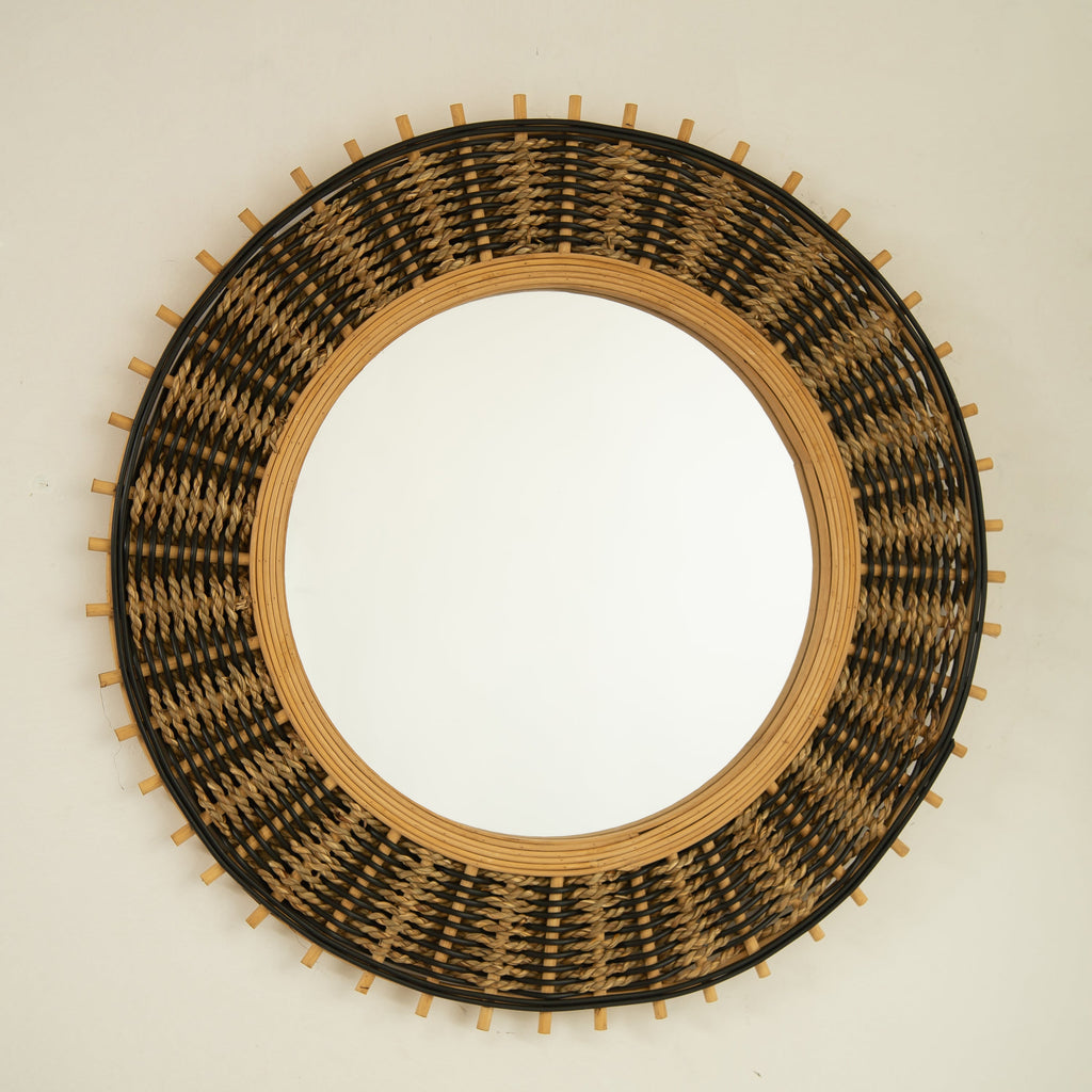 Wall Mirror Round Bamboo Hemp Rope Frame Natural Boho 23 In