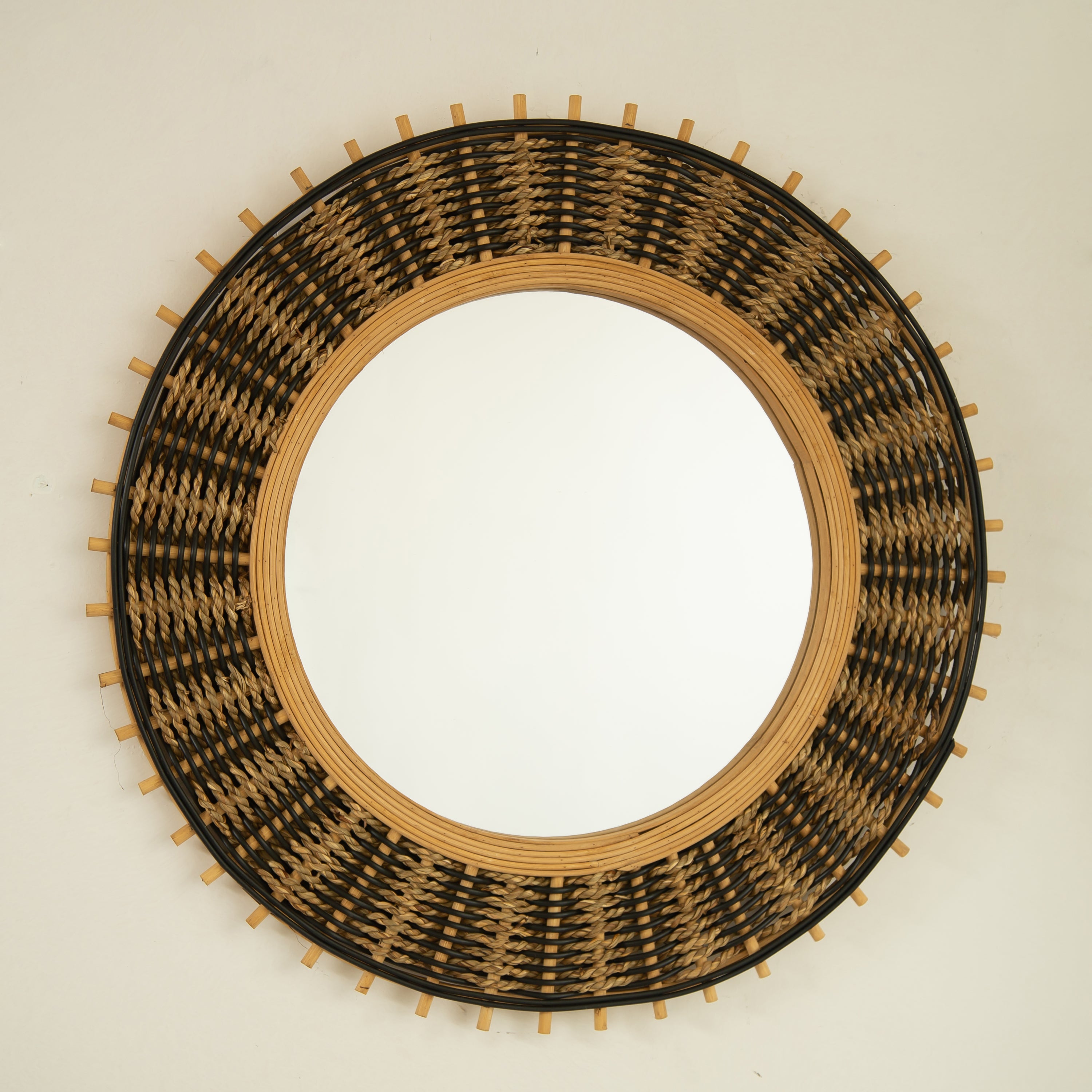 Wall Mirror Round Bamboo Hemp Rope Frame Natural Boho 23 In