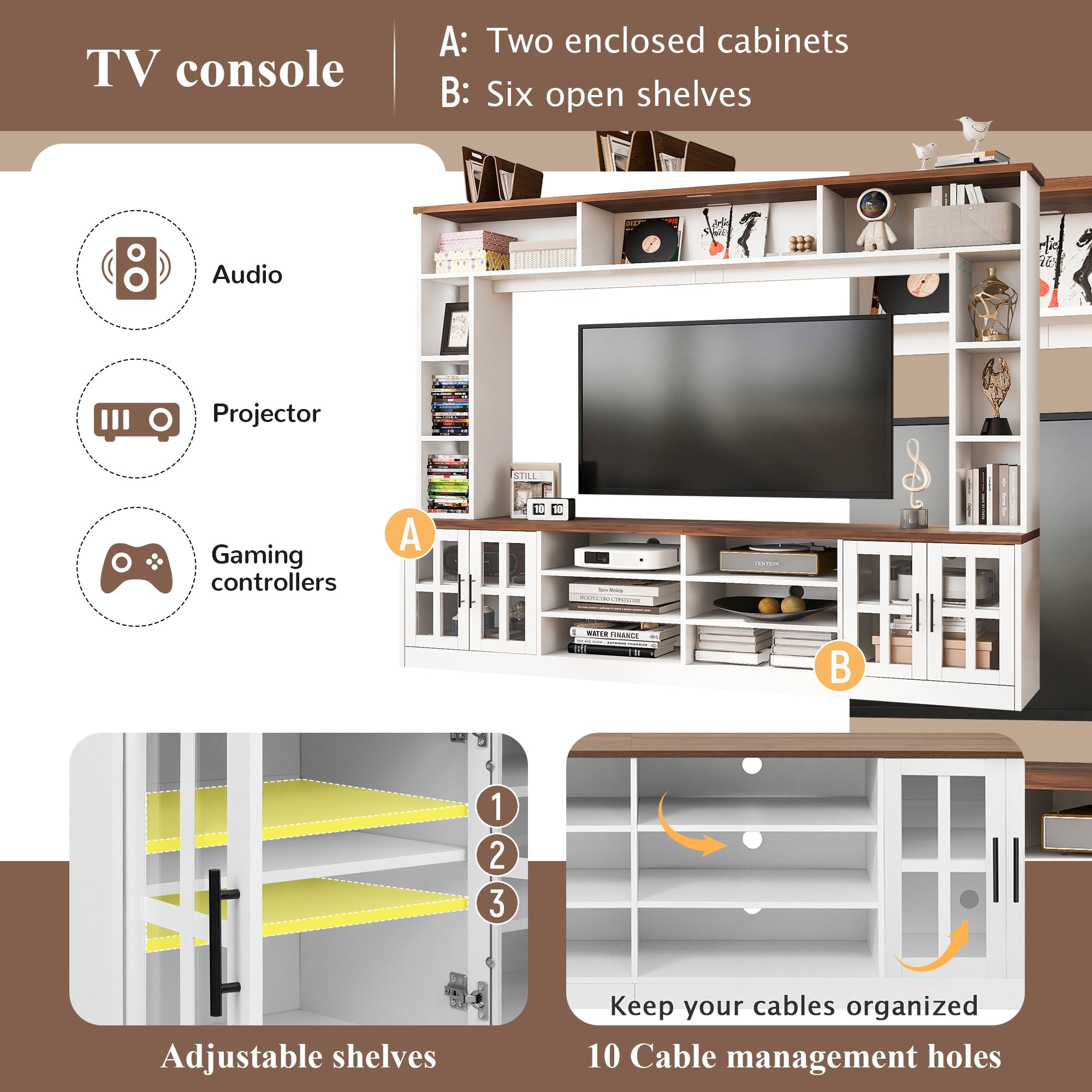 Entertainment Center Wall Unit White MDF Glass Fits 80 In TV 95.5x78.7 In