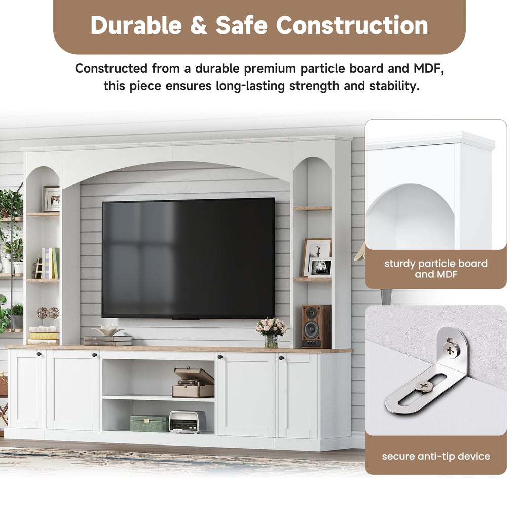 Entertainment Center Arched Wall Unit White MDF Fits TV 91.6x14.9x73.8 In