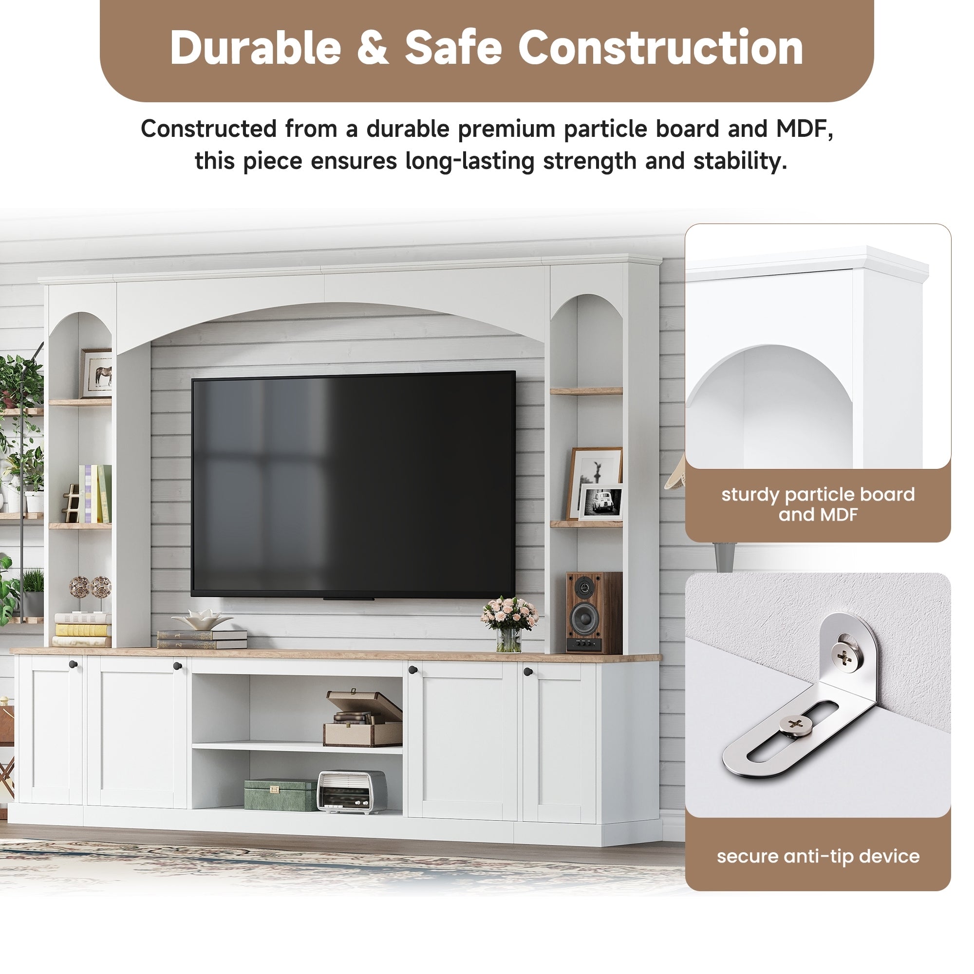Entertainment Center Arched Wall Unit White MDF Fits TV 91.6x14.9x73.8 In