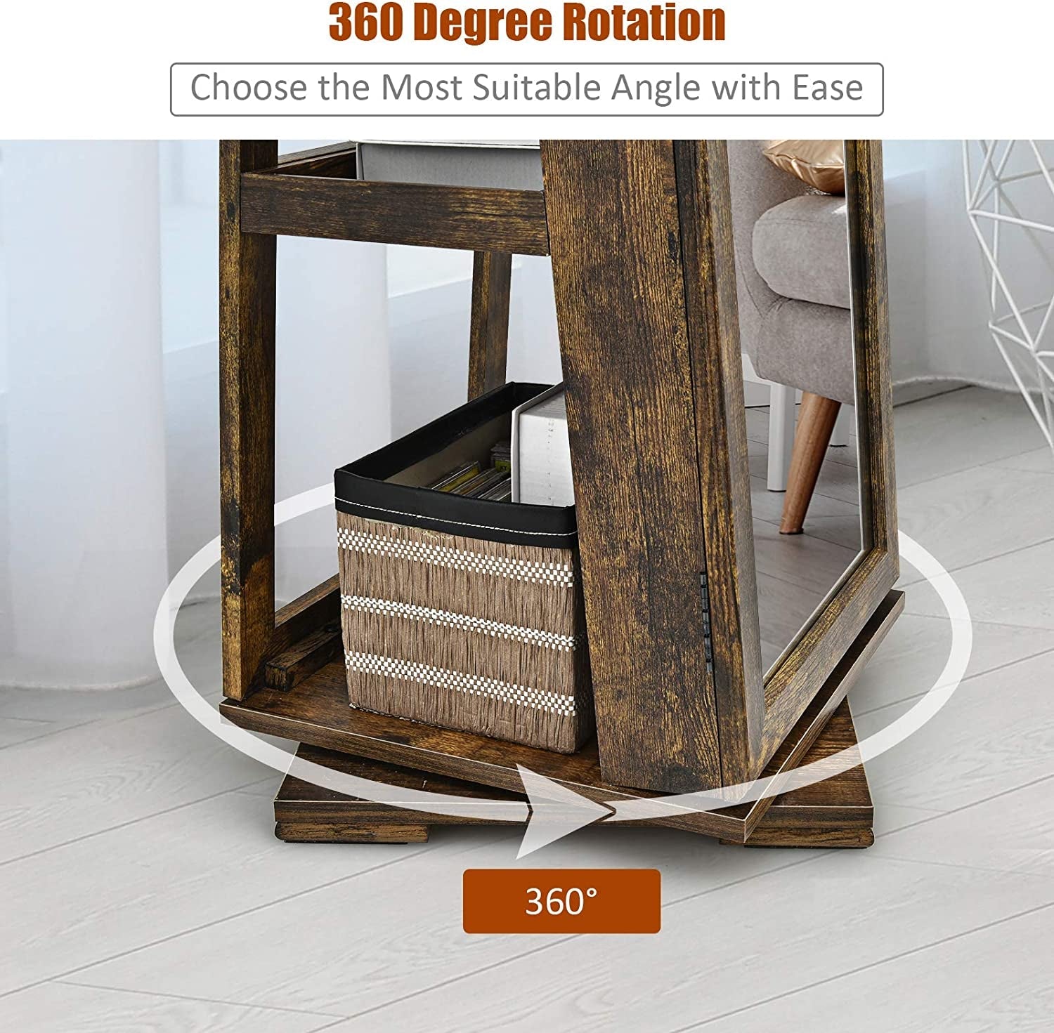 Elegant 360° Swivel Jewelry Armoire with Full-Length Mirror - Lockable Cabinet Organizer with Ample Storage, Makeup Mirror & Back Shelves (Rustic Brown)