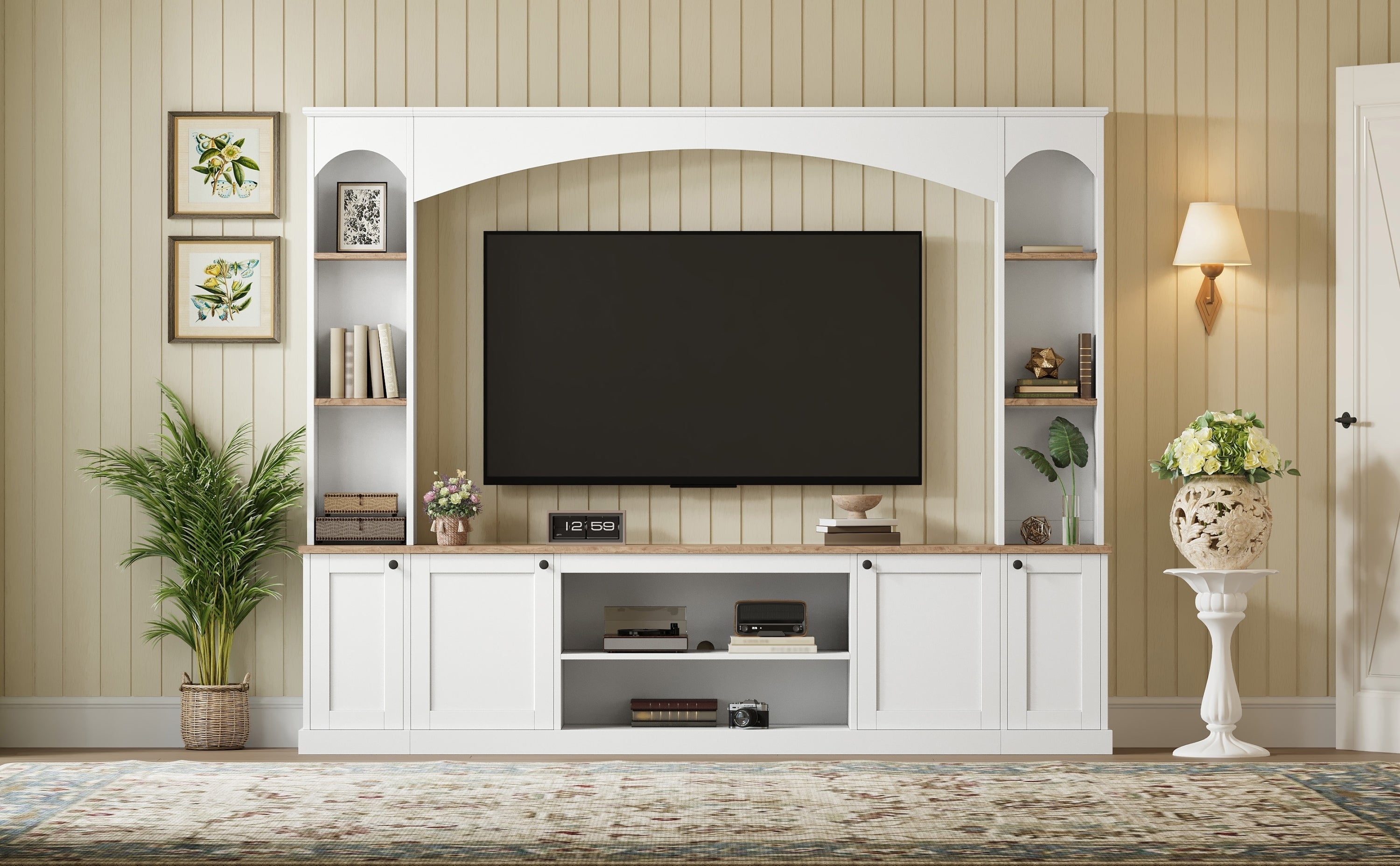 Entertainment Center Arched Wall Unit White MDF Fits TV 91.6x14.9x73.8 In