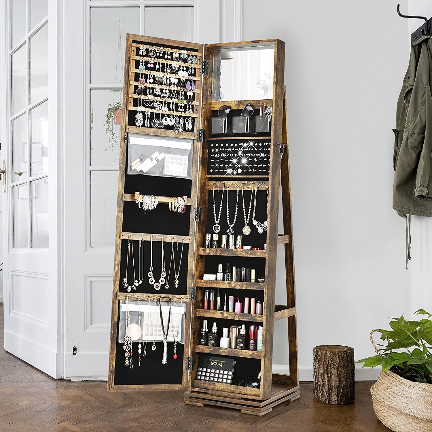Elegant 360° Swivel Jewelry Armoire with Full-Length Mirror - Lockable Cabinet Organizer with Ample Storage, Makeup Mirror & Back Shelves (Rustic Brown)