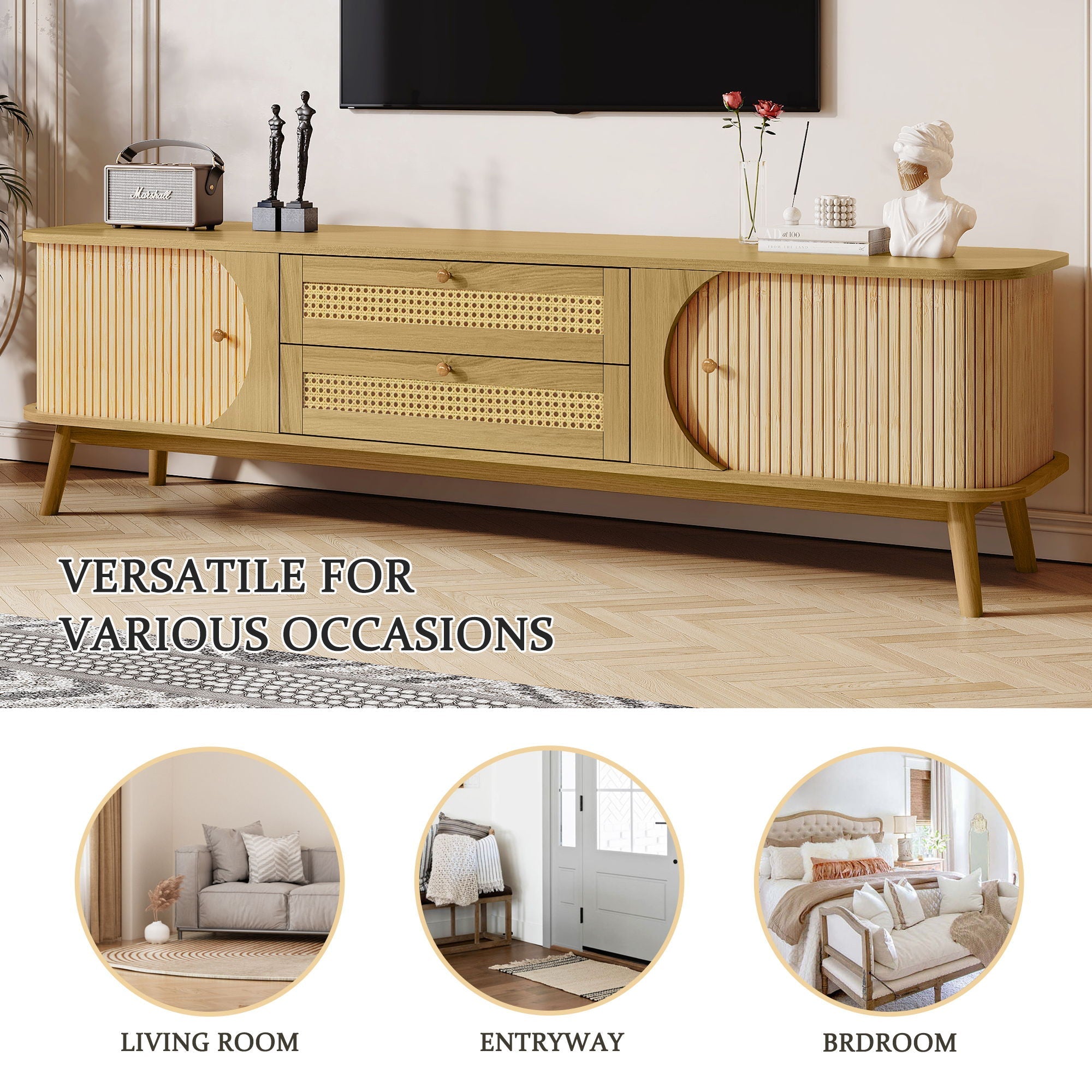 Rattan TV Stand For Tvs Up To 75'', Modern Farmhouse Media Console, Entertainment Center With Legs, TV Cabinet For Living Room, Home Theatre - Natural Wood