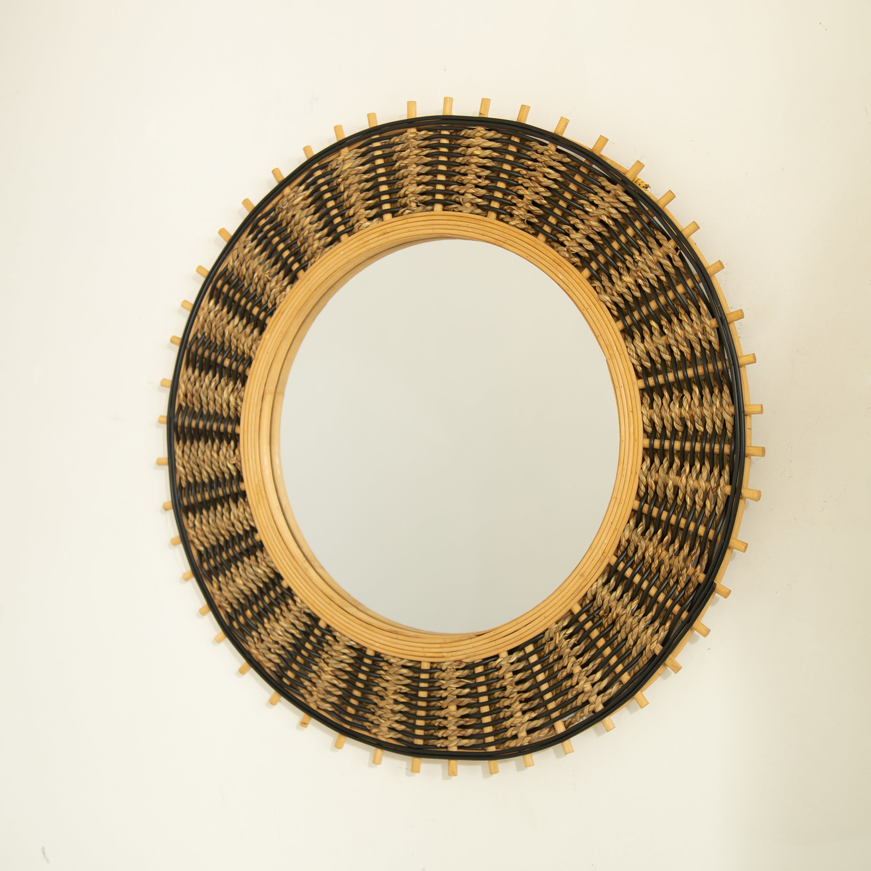 Wall Mirror Round Bamboo Hemp Rope Frame Natural Boho 23 In