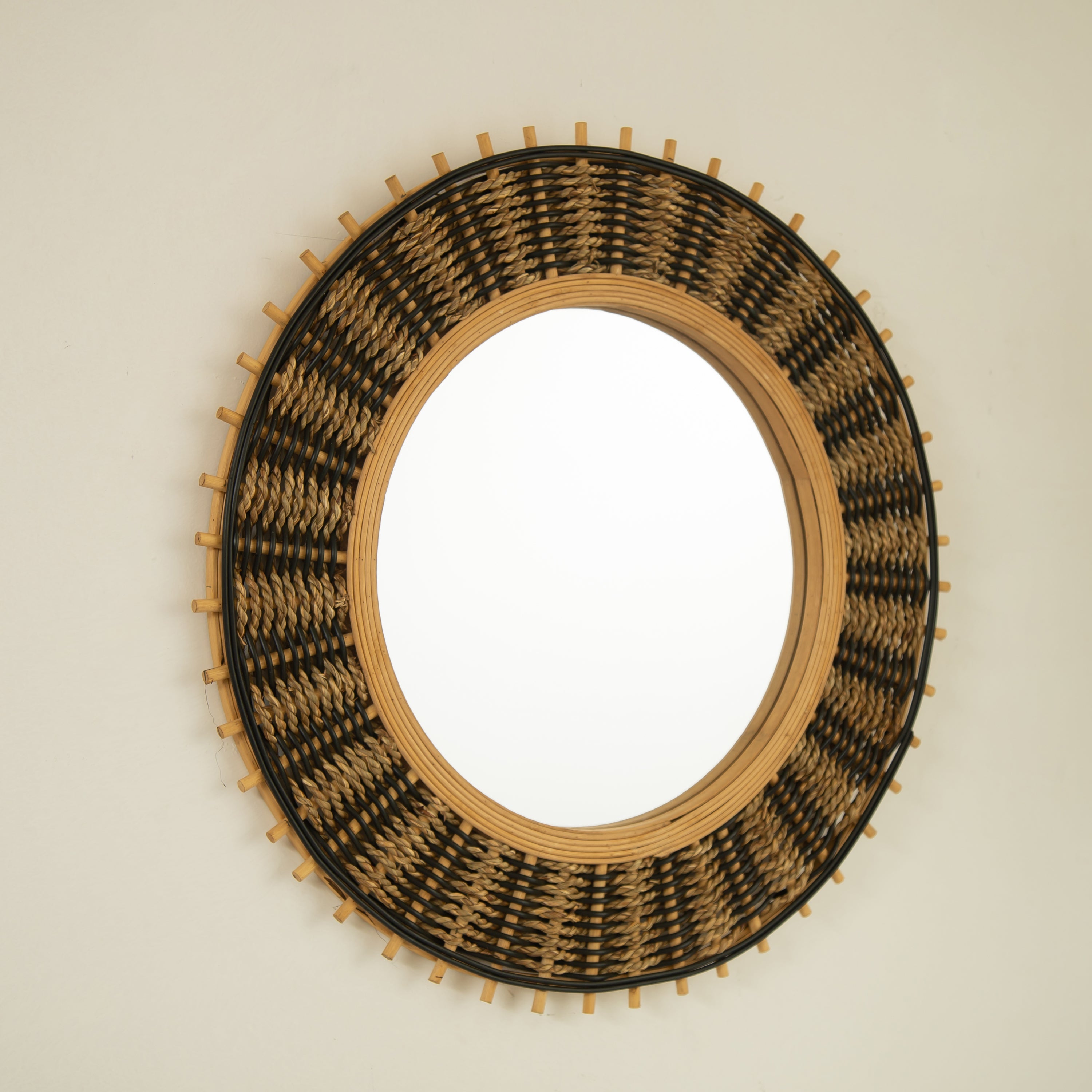 Wall Mirror Round Bamboo Hemp Rope Frame Natural Boho 23 In