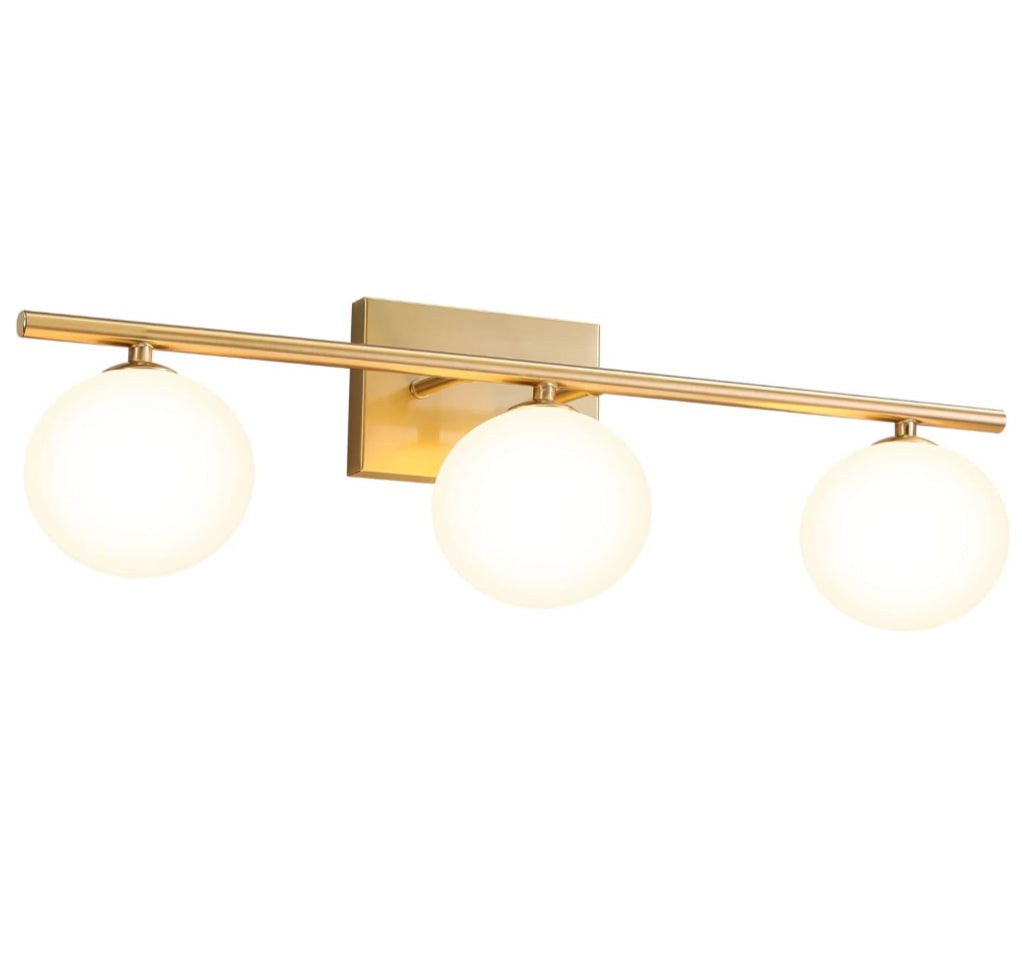 Gold Bathroom Vanity Light Fixtures,3 Lights Brass Milk White Globe