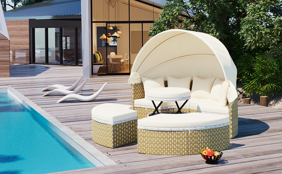 Outdoor Patio Round Rattan Daybed Sectional Beige Retractable Canopy