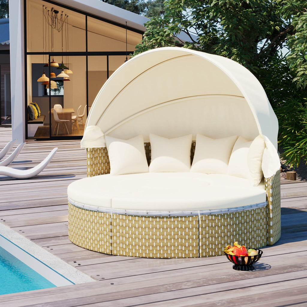 Outdoor Patio Round Rattan Daybed Sectional Beige Retractable Canopy