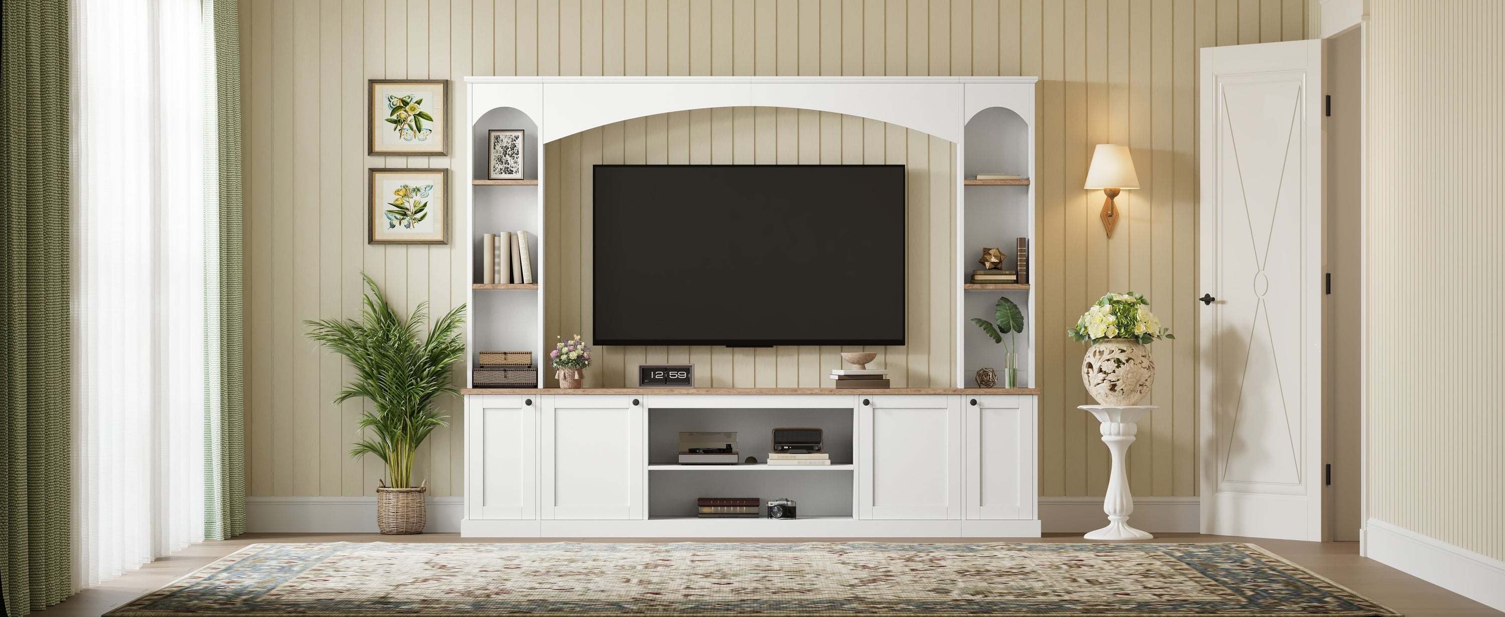 Entertainment Center Arched Wall Unit White MDF Fits TV 91.6x14.9x73.8 In