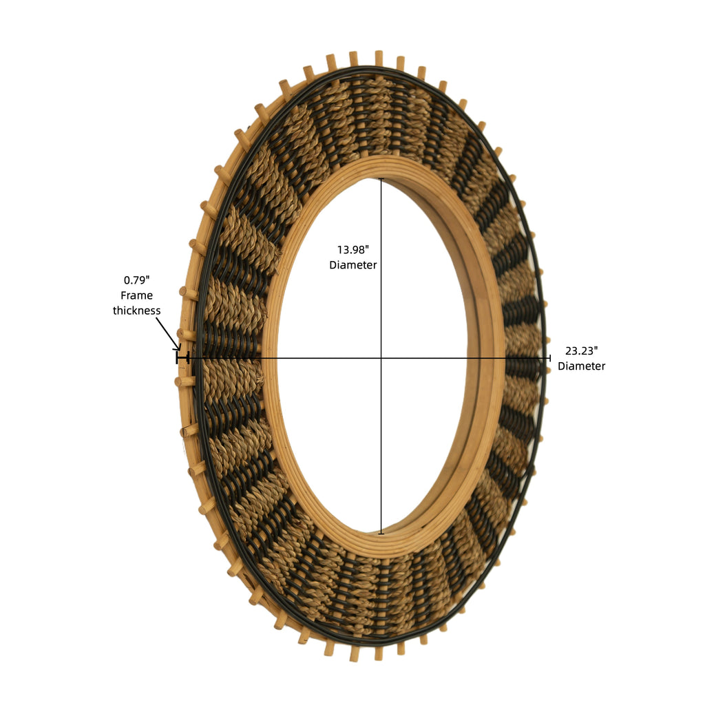 Wall Mirror Round Bamboo Hemp Rope Frame Natural Boho 23 In