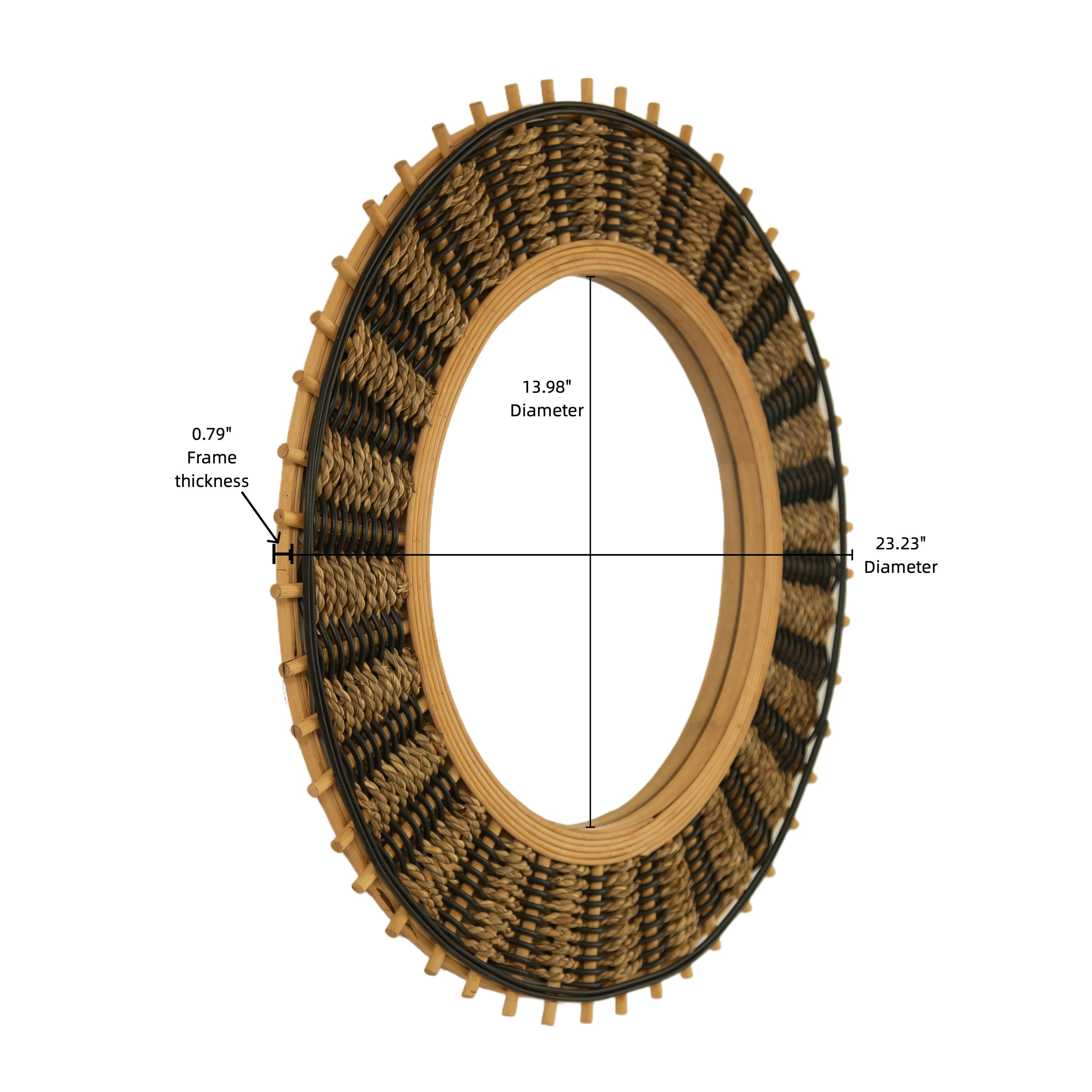 Wall Mirror Round Bamboo Hemp Rope Frame Natural Boho 23 In