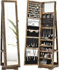Elegant 360° Swivel Jewelry Armoire with Full-Length Mirror - Lockable Cabinet Organizer with Ample Storage, Makeup Mirror & Back Shelves (Rustic Brown)