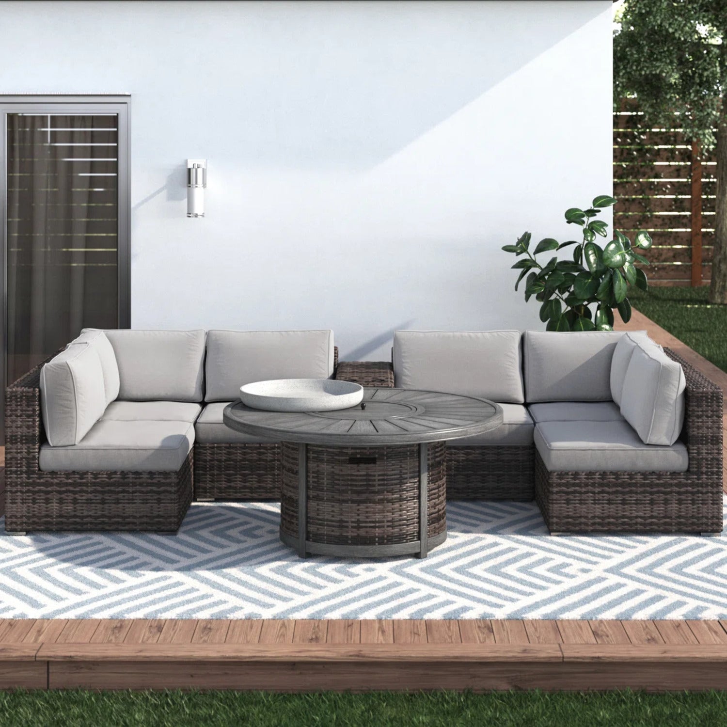 Outdoor Patio Set with Fire Pit Espresso HDPE Wicker 8 Piece