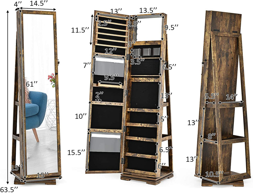Elegant 360° Swivel Jewelry Armoire with Full-Length Mirror - Lockable Cabinet Organizer with Ample Storage, Makeup Mirror & Back Shelves (Rustic Brown)