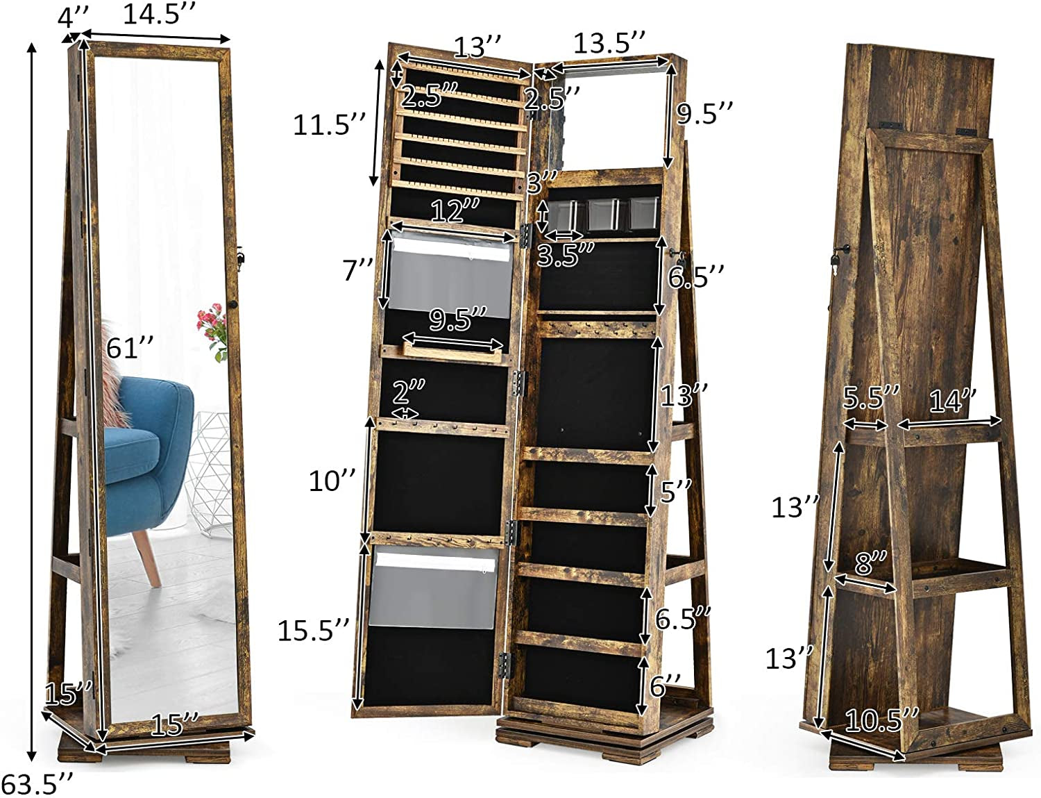 Elegant 360° Swivel Jewelry Armoire with Full-Length Mirror - Lockable Cabinet Organizer with Ample Storage, Makeup Mirror & Back Shelves (Rustic Brown)