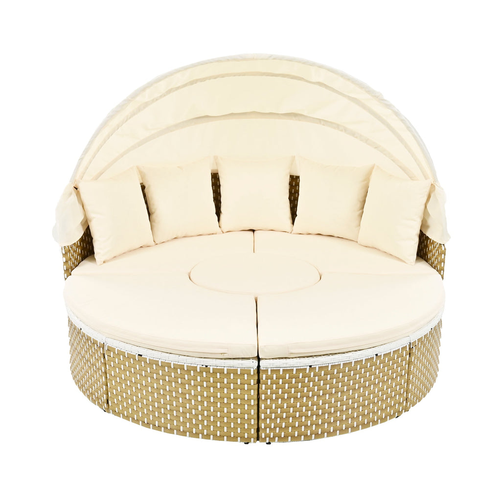 Outdoor Patio Round Rattan Daybed Sectional Beige Retractable Canopy