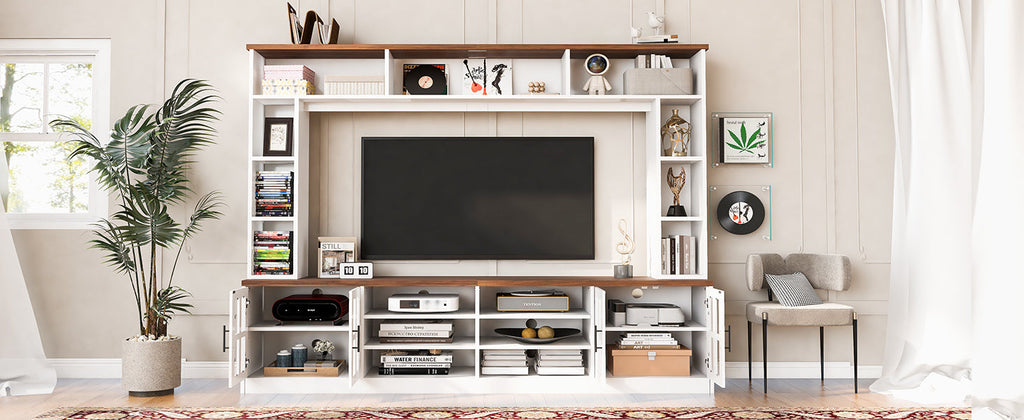 Entertainment Center Wall Unit White MDF Glass Fits 80 In TV 95.5x78.7 In