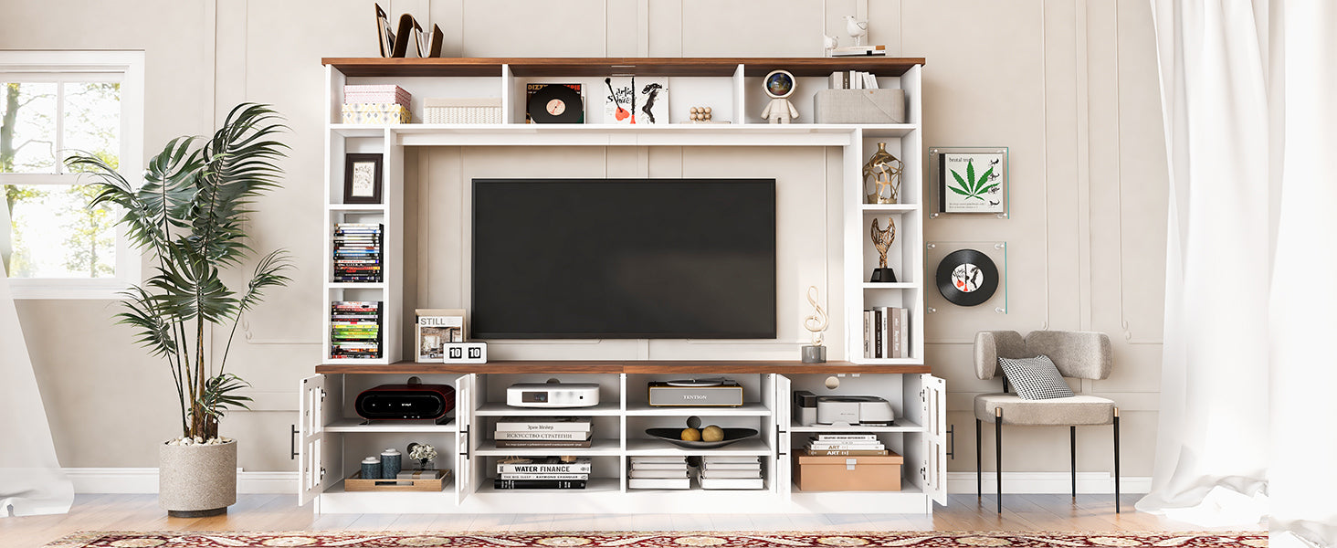 Entertainment Center Wall Unit White MDF Glass Fits 80 In TV 95.5x78.7 In