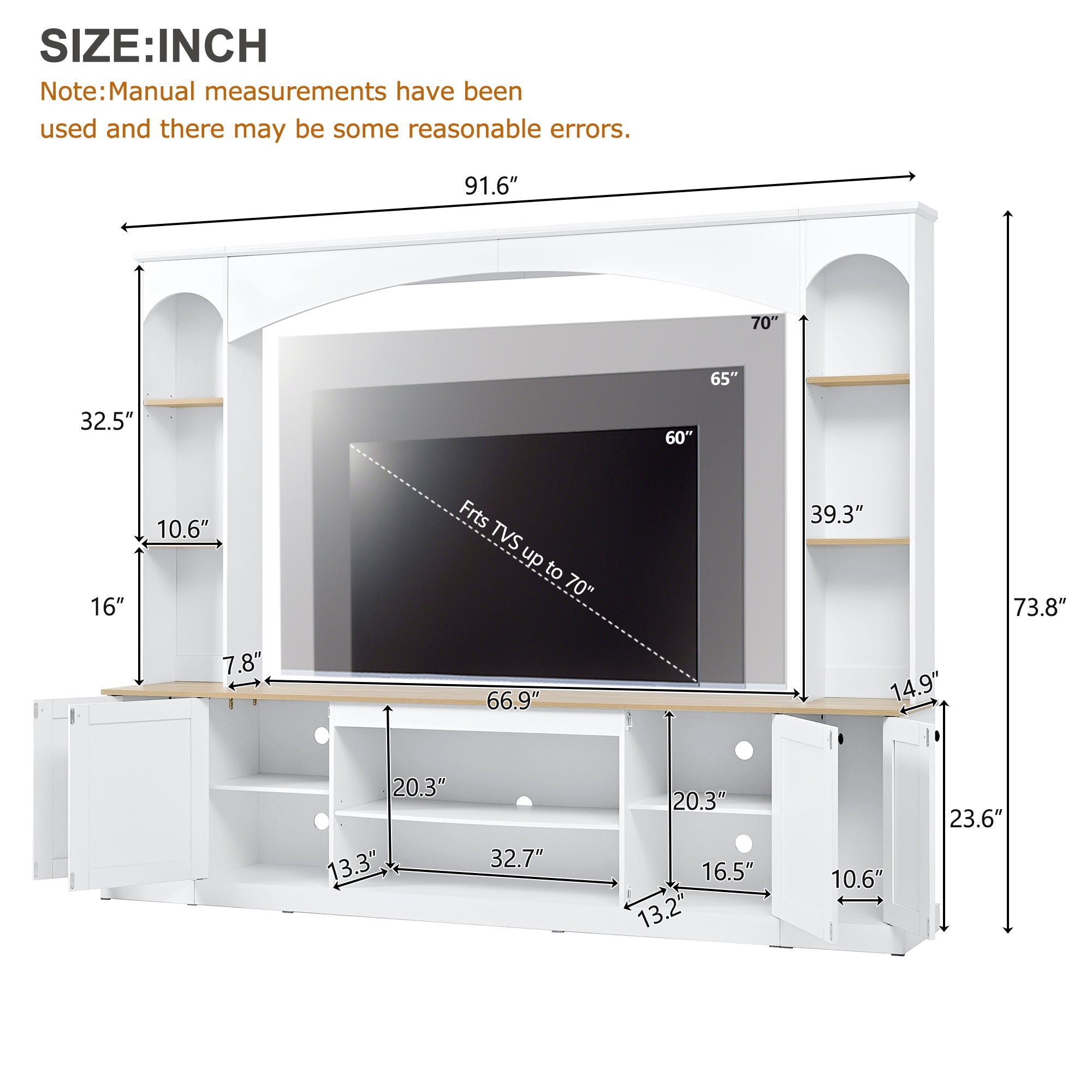 Entertainment Center Arched Wall Unit White MDF Fits TV 91.6x14.9x73.8 In