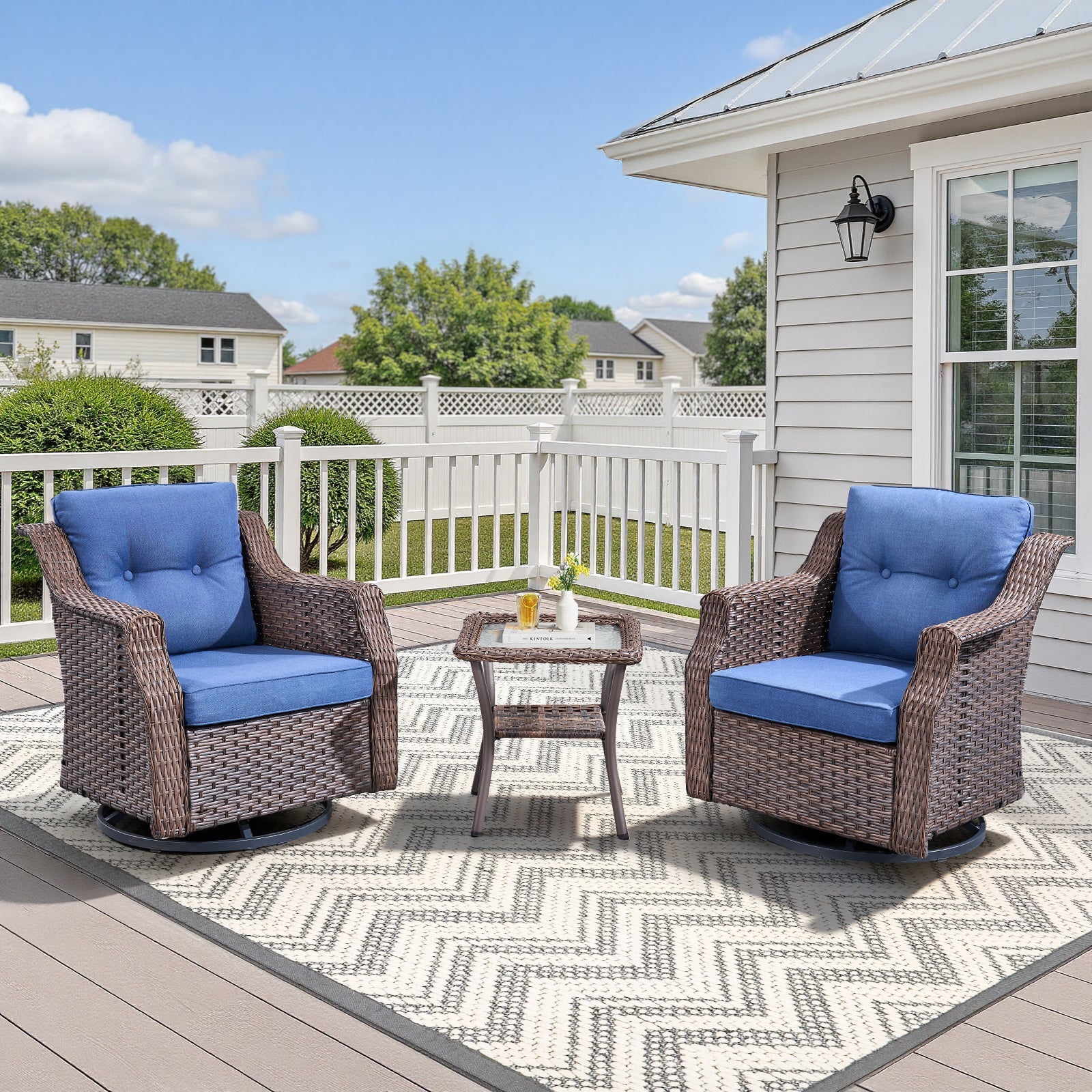 Outdoor Patio Set Wicker Swivel Rocker Blue 3 Piece with Side Table