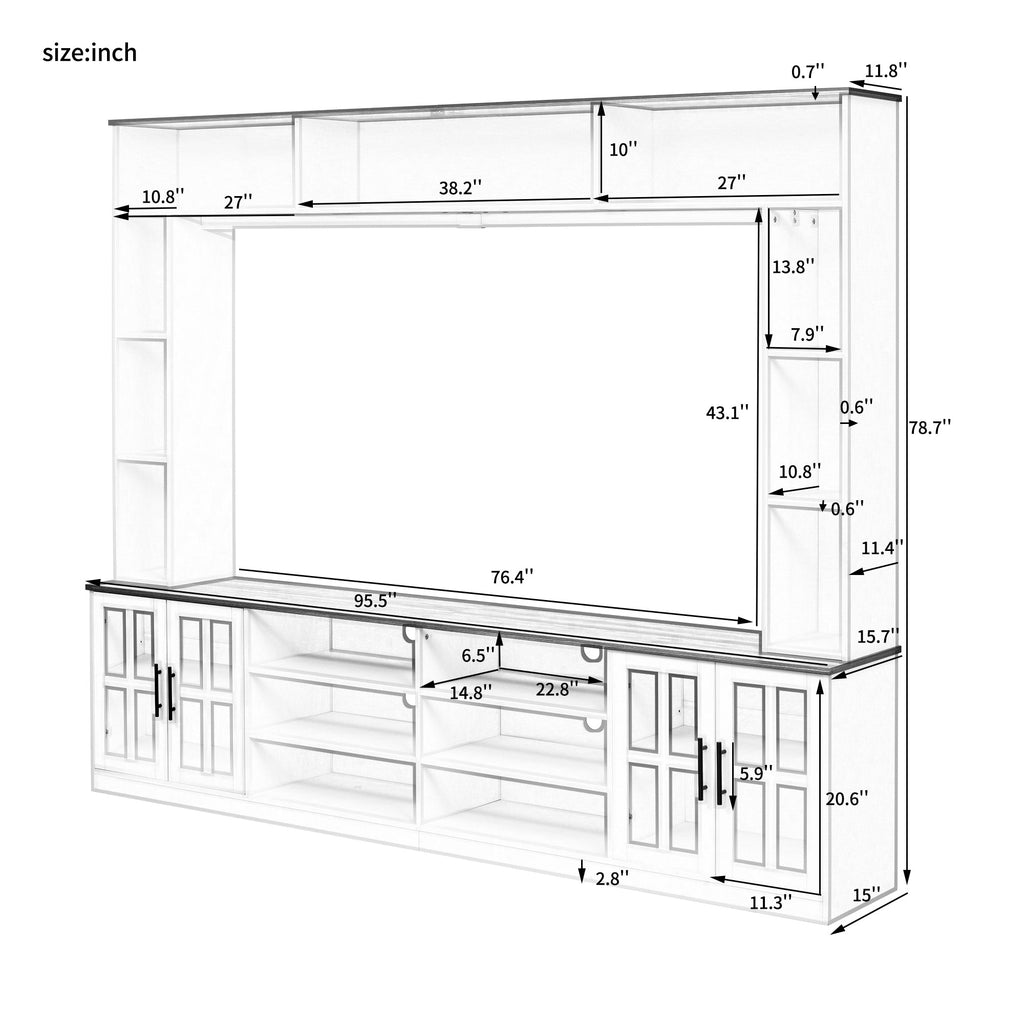 Entertainment Center Wall Unit White MDF Glass Fits 80 In TV 95.5x78.7 In