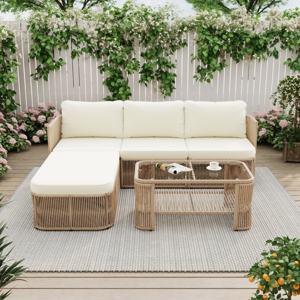 Outdoor Patio Set PE Rattan Iron Dark Beige Modular Glass Table