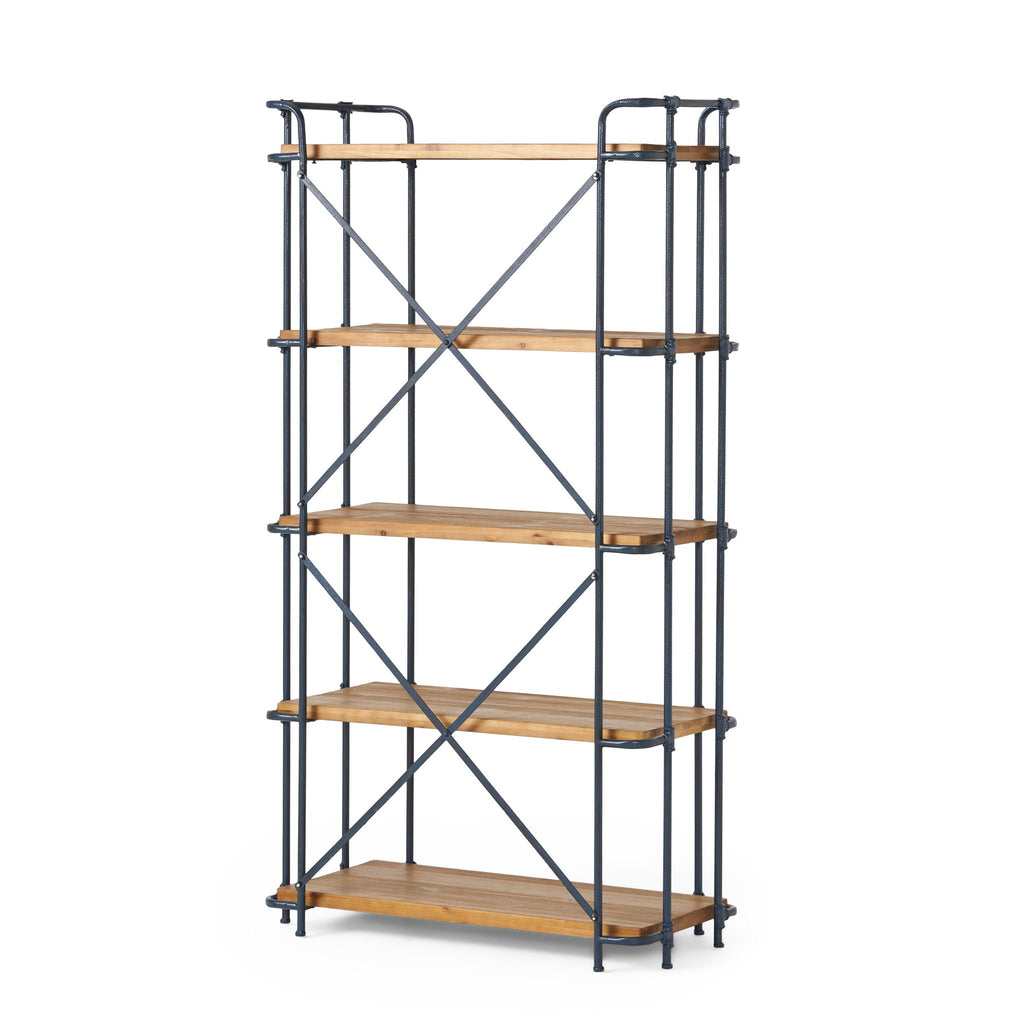 Yorktown - Industrial 5 Shelf Bookcase With Metal Pipework And Solid Fir - Natural