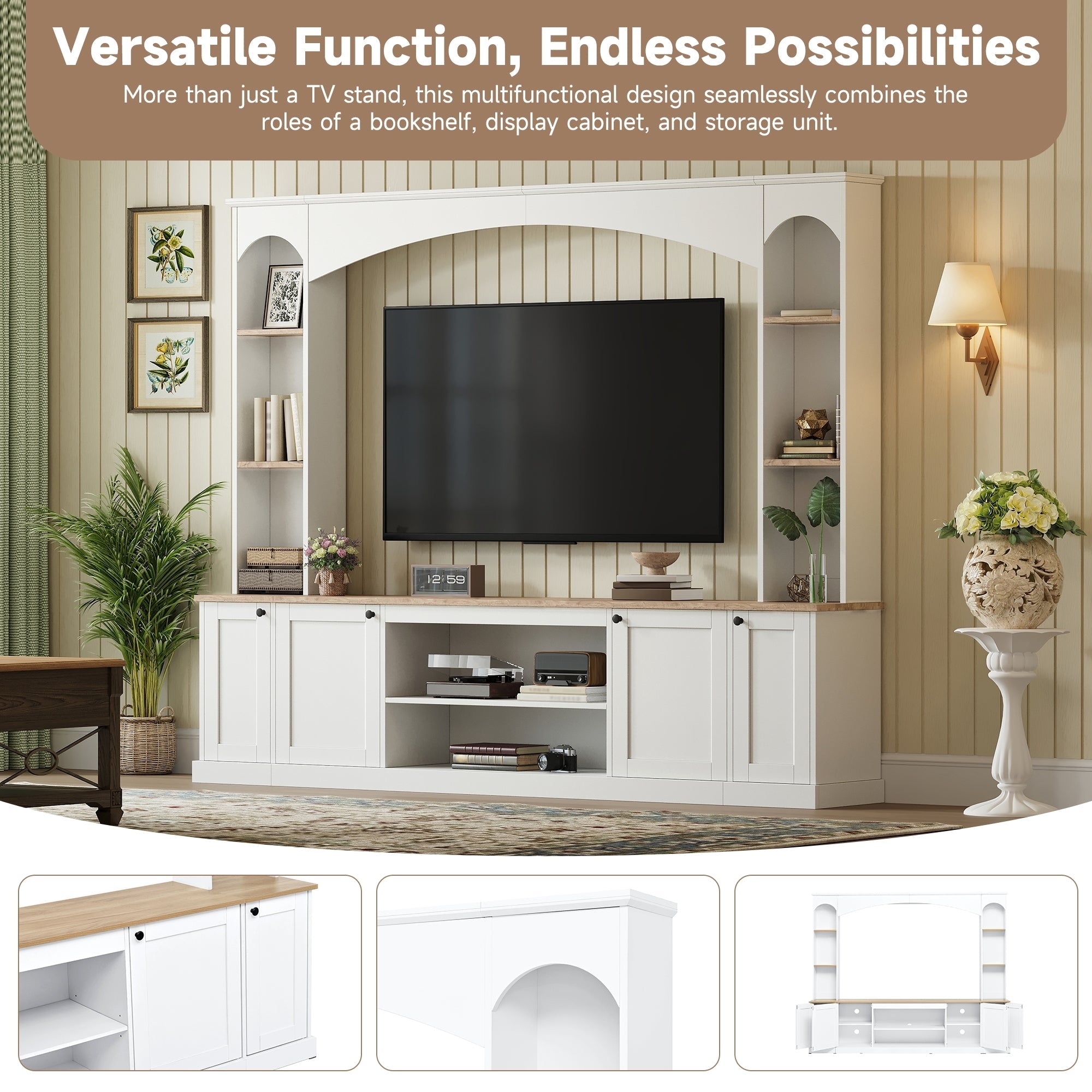 Entertainment Center Arched Wall Unit White MDF Fits TV 91.6x14.9x73.8 In