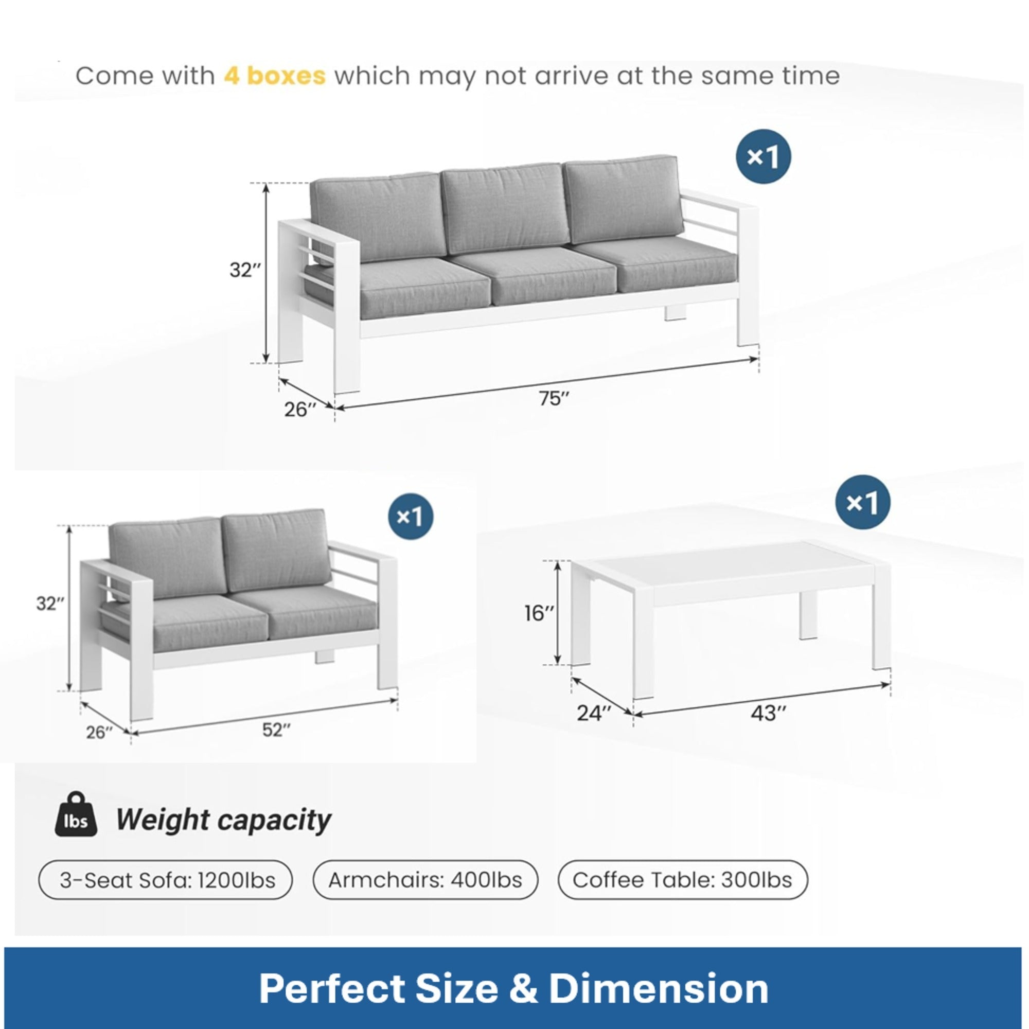 Outdoor Patio Set Aluminum White Gray Olefin Cushions 3 Piece