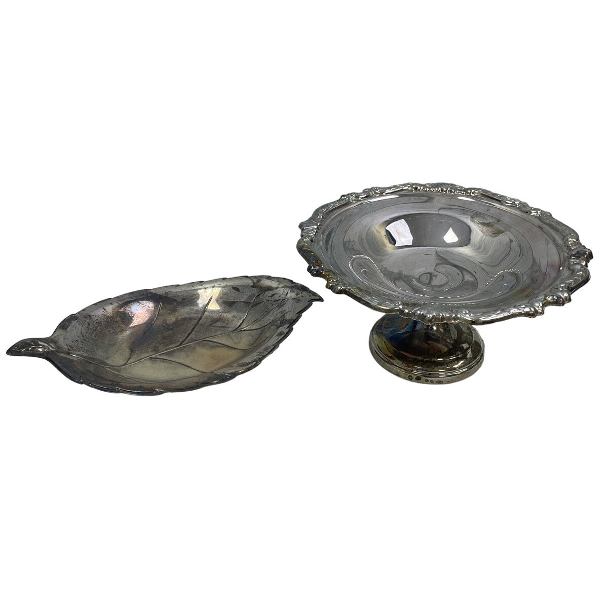 Set of 2 Vintage Silver Tarnished Patina Leaf Dish and Bowl w Stand Table Decor