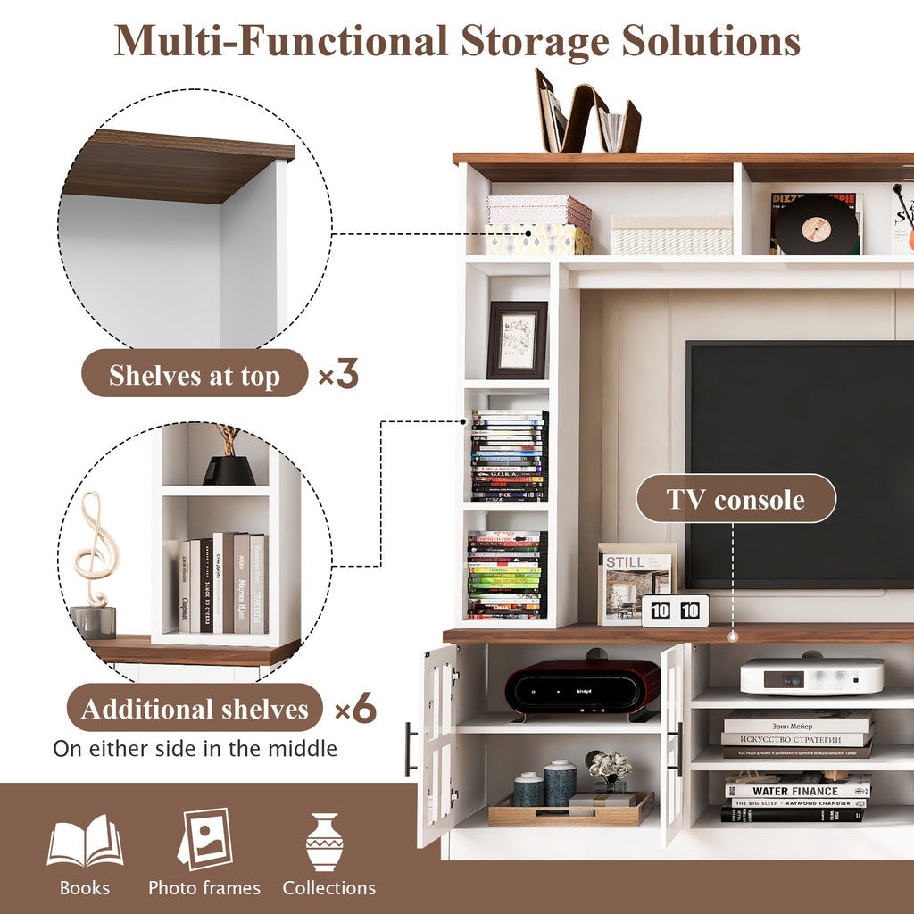 Entertainment Center Wall Unit White MDF Glass Fits 80 In TV 95.5x78.7 In