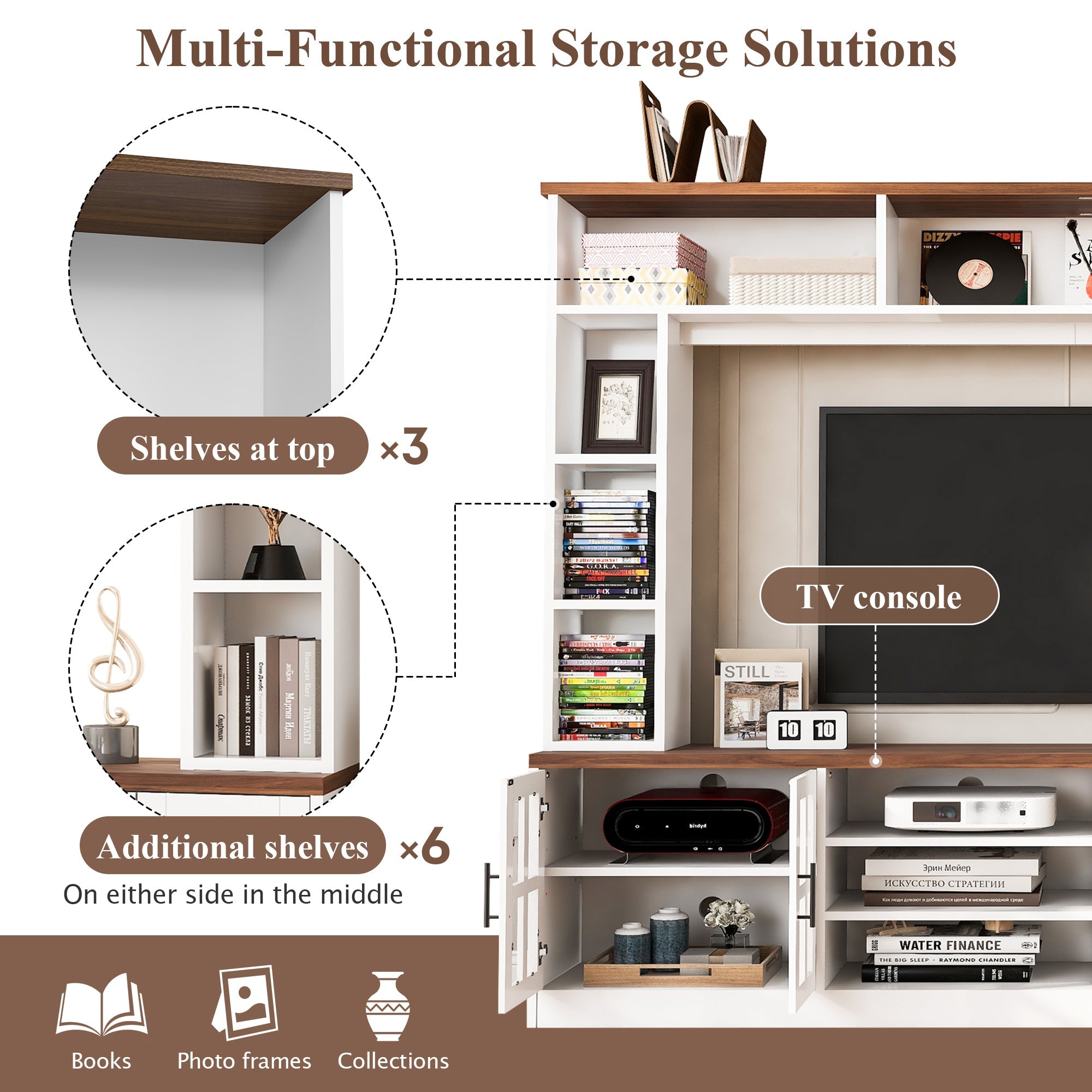 Entertainment Center Wall Unit White MDF Glass Fits 80 In TV 95.5x78.7 In