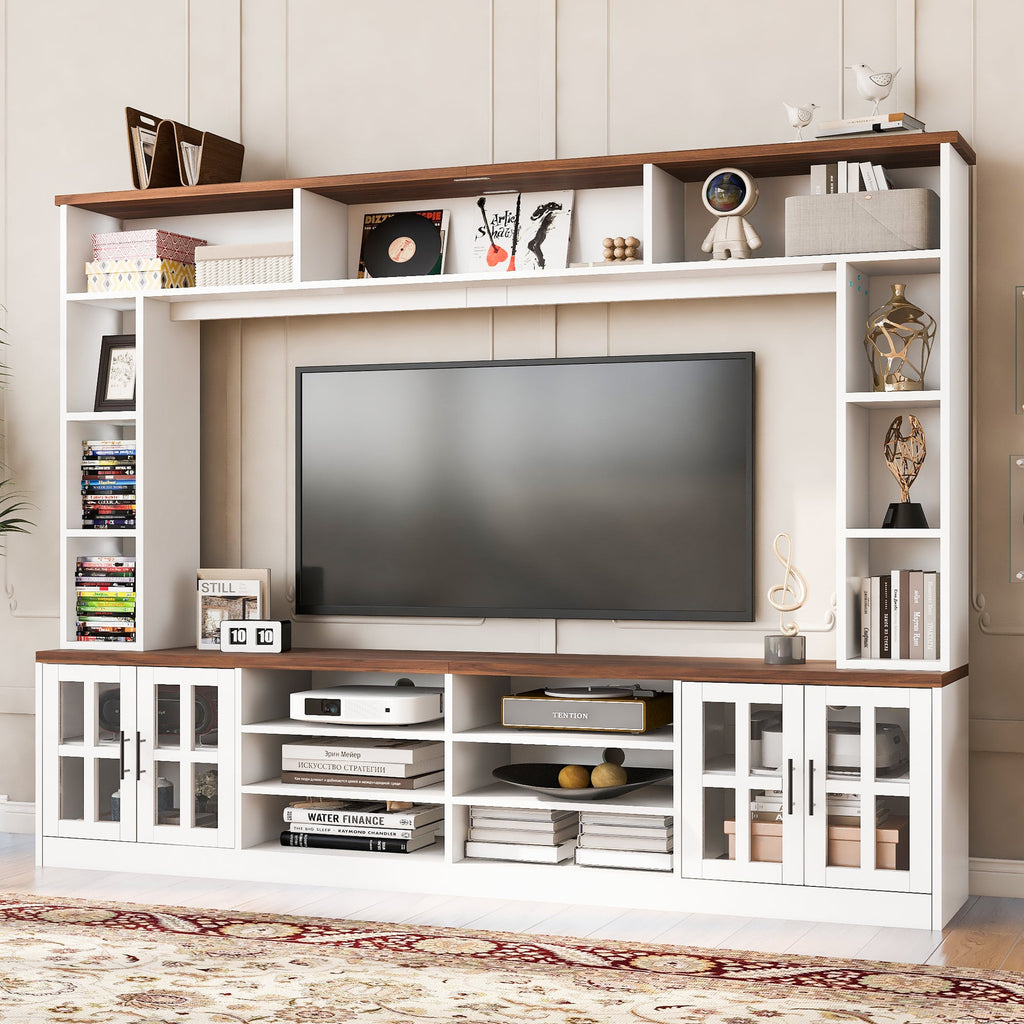 Entertainment Center Wall Unit White MDF Glass Fits 80 In TV 95.5x78.7 In