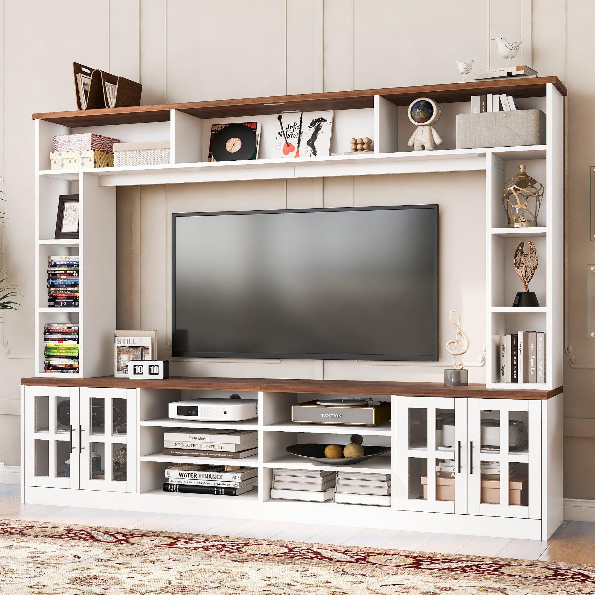 Entertainment Center Wall Unit White MDF Glass Fits 80 In TV 95.5x78.7 In