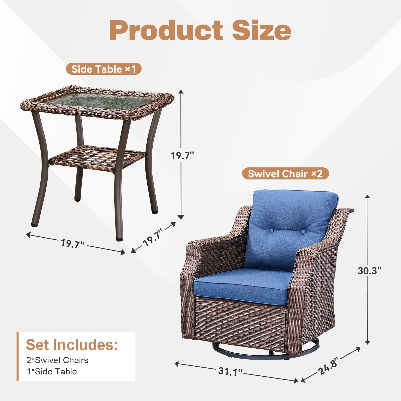Outdoor Patio Set Wicker Swivel Rocker Blue 3 Piece with Side Table