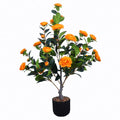 2 Pack Artificial Camellia Trees, Faux Potted Plants With Orange Flowers For Indoor Or Outdoor Decor, Porch, Office, Or Home Use - Black / Green / Orange