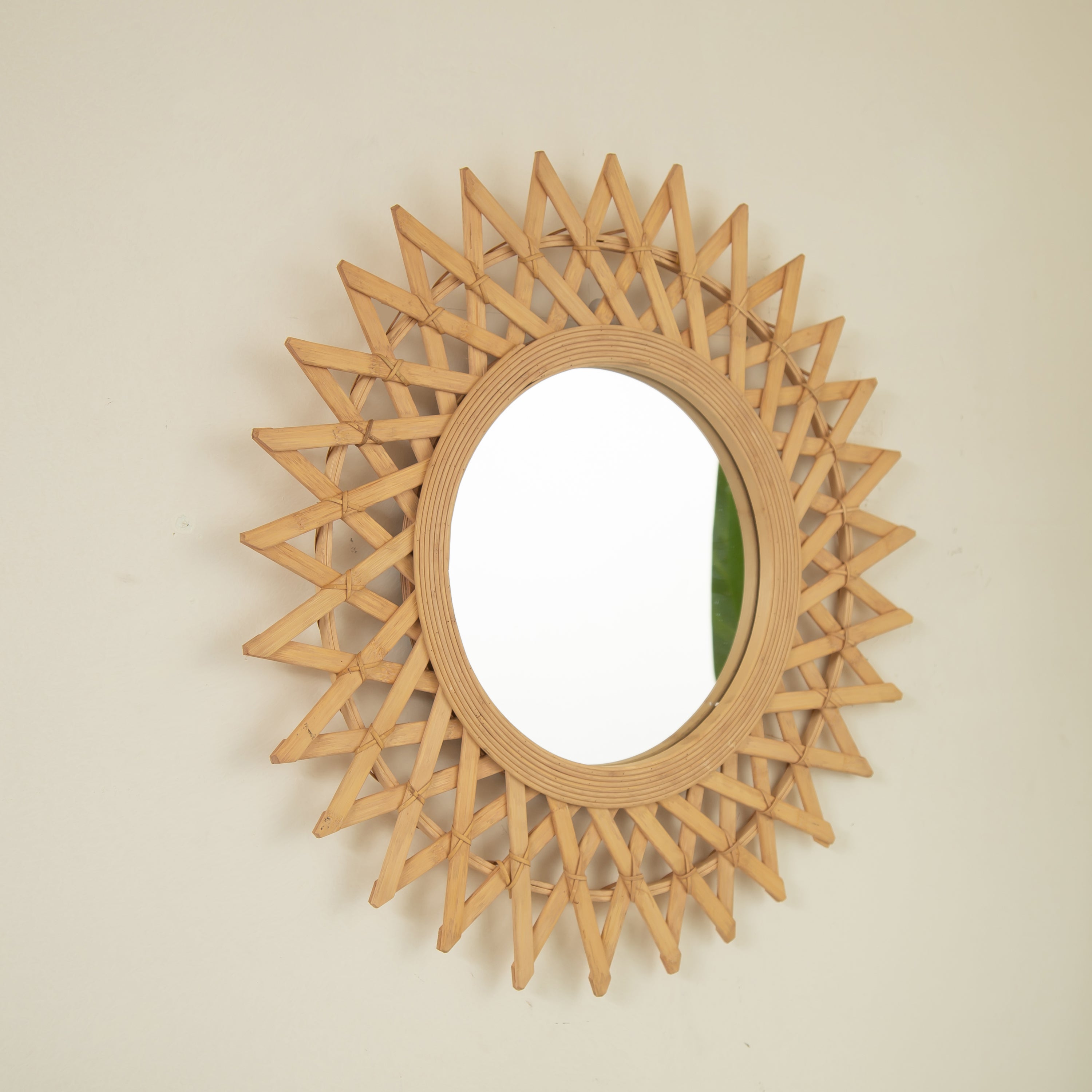 Wall Mirror Round Bamboo Hemp Rope Diamond Pattern Natural Boho 23.6 In