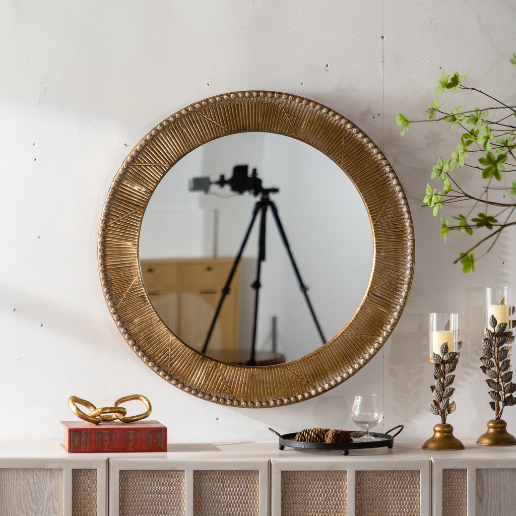 Wall Mirror Round Gold Textured Iron Frame Boho Vintage 31.3 In