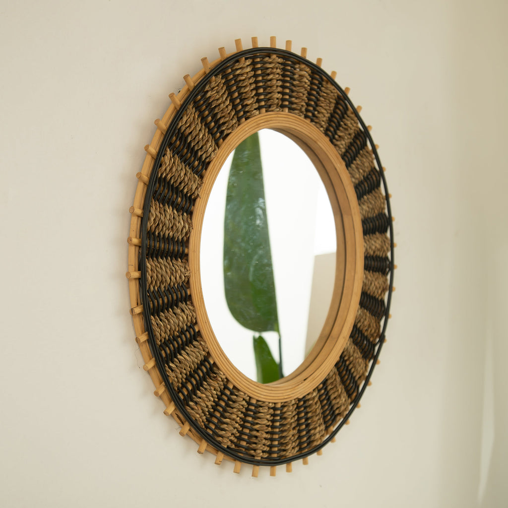 Wall Mirror Round Bamboo Hemp Rope Frame Natural Boho 23 In
