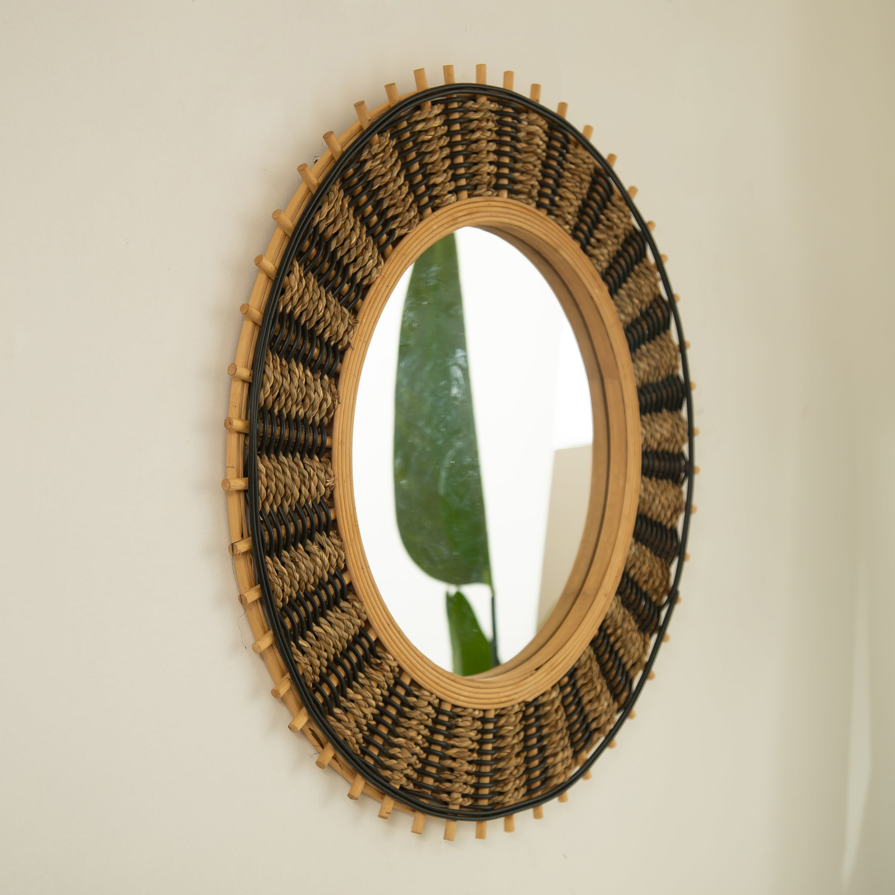 Wall Mirror Round Bamboo Hemp Rope Frame Natural Boho 23 In