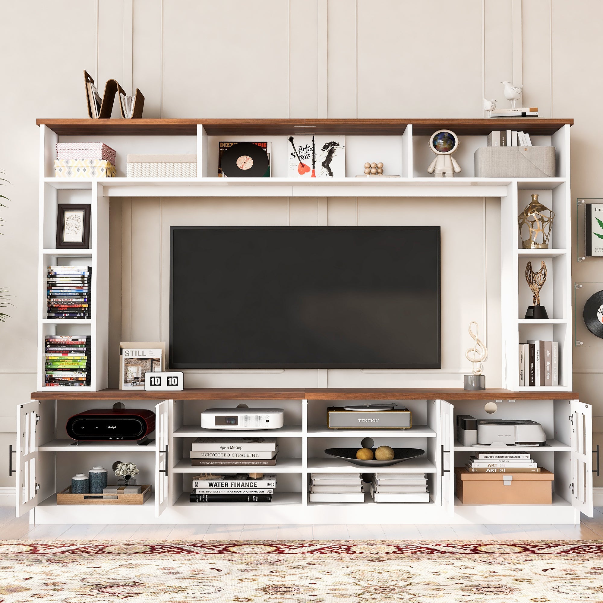Entertainment Center Wall Unit White MDF Glass Fits 80 In TV 95.5x78.7 In