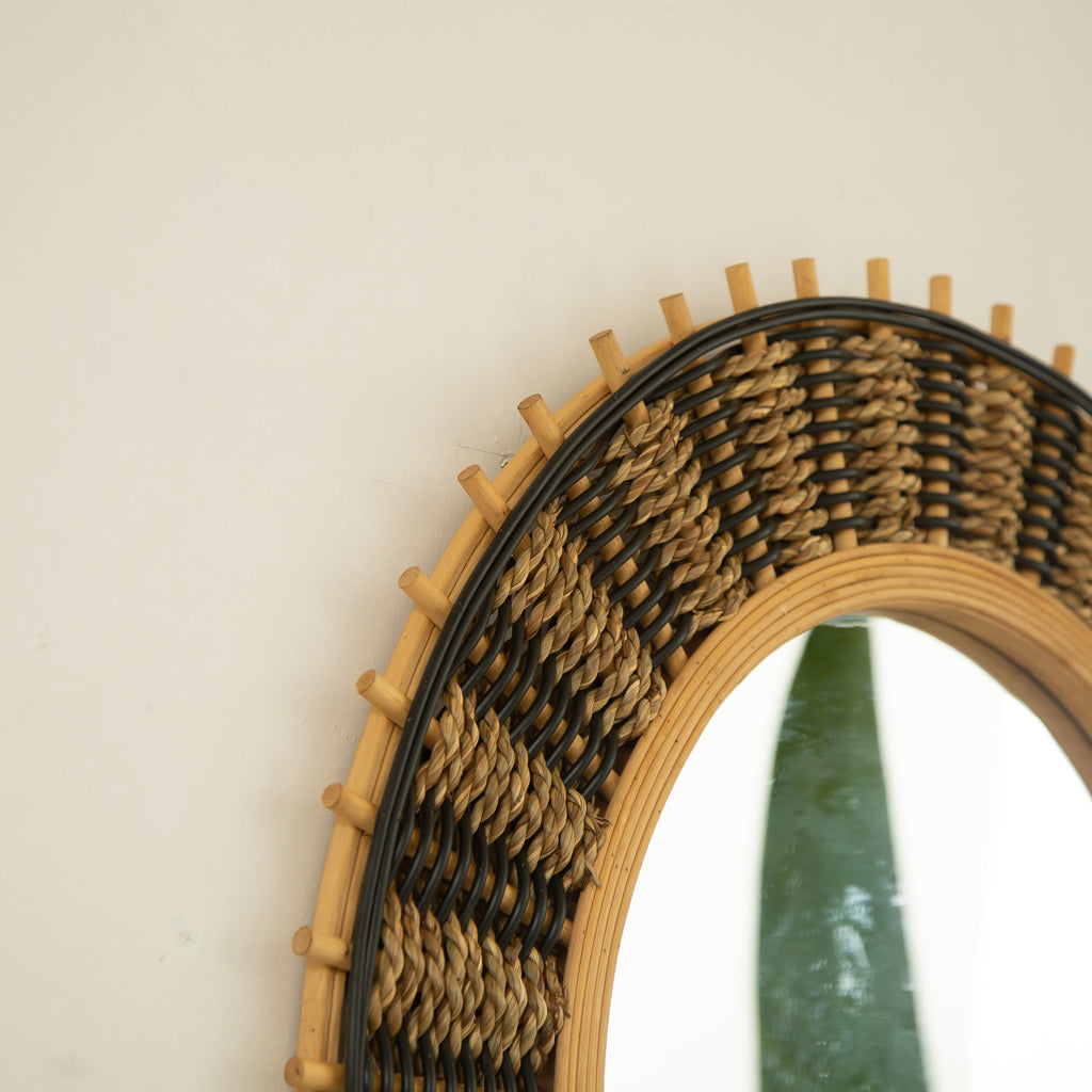 Wall Mirror Round Bamboo Hemp Rope Frame Natural Boho 23 In